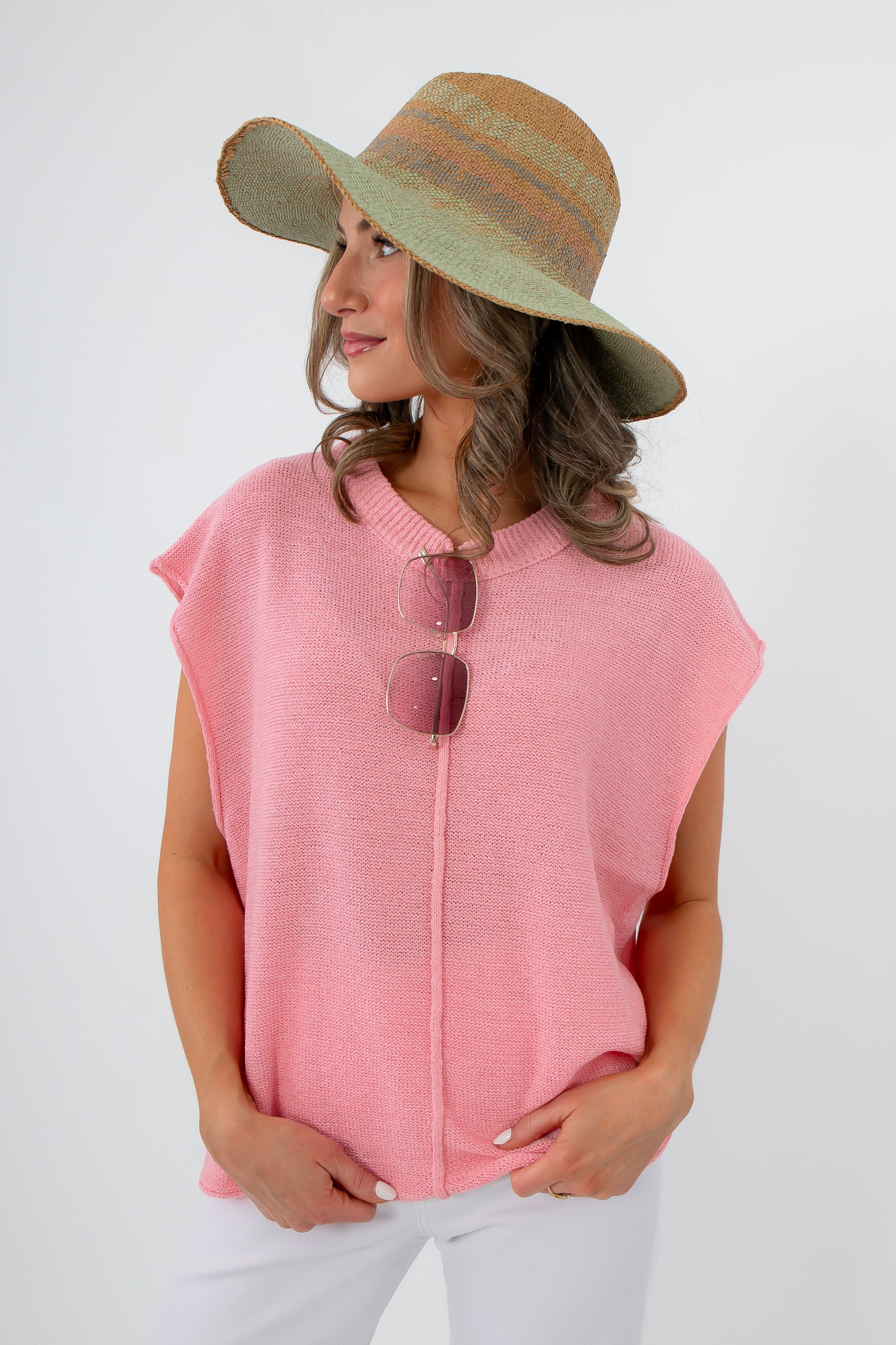 Frankie Pink Knit Sleeveless Sweater with sunglasses