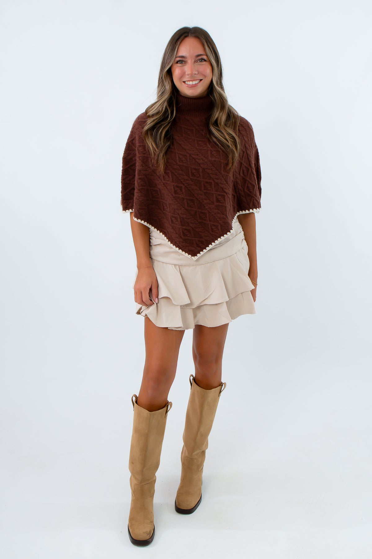 Thanksgiving outfit inspo,  Brown knit poncho, Turtleneck poncho, Short sleeve poncho, Brown Fall tops