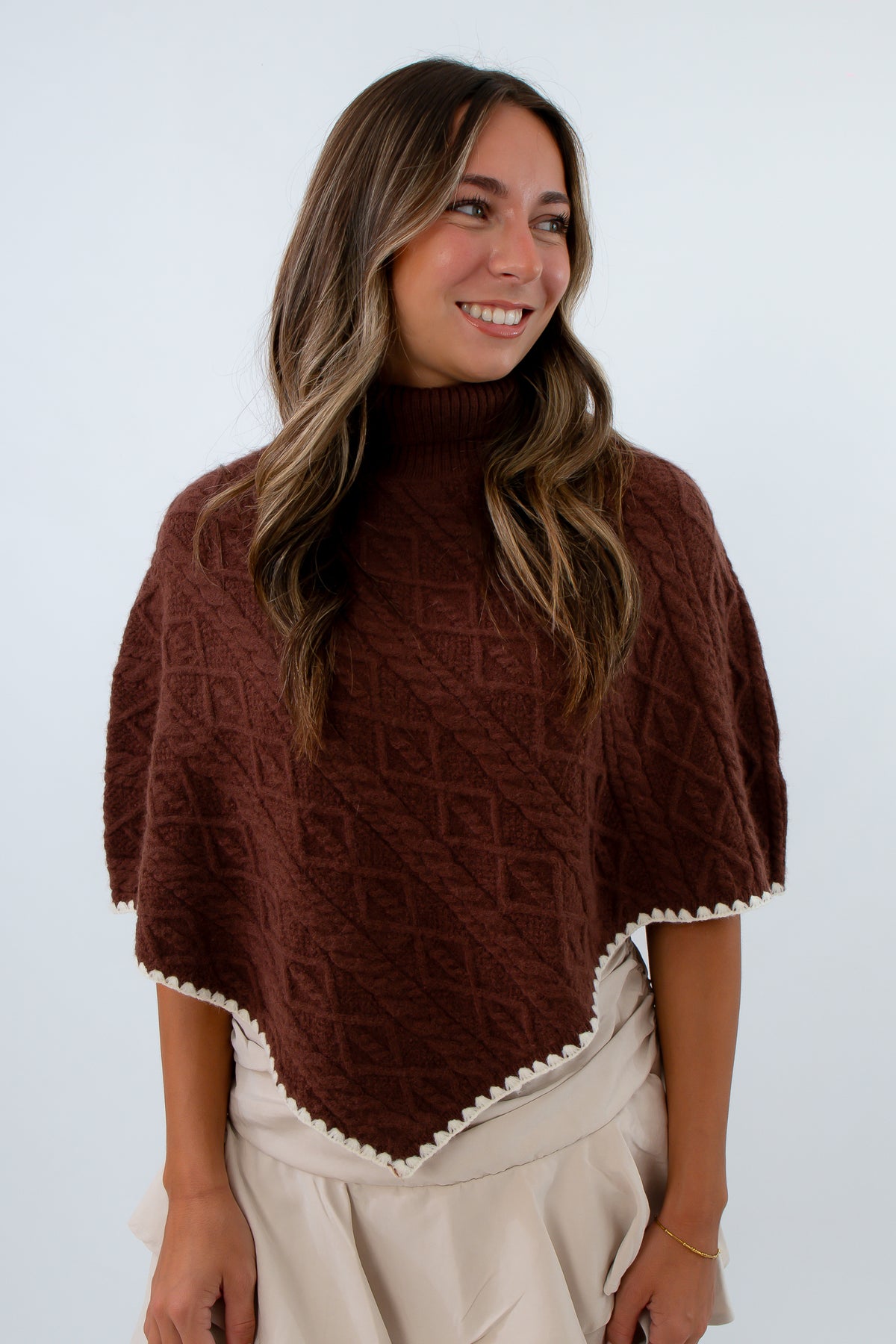 Cozy brown knit poncho for fall and Thanksgiving outfit inspo, fall poncho, brown poncho, knit poncho