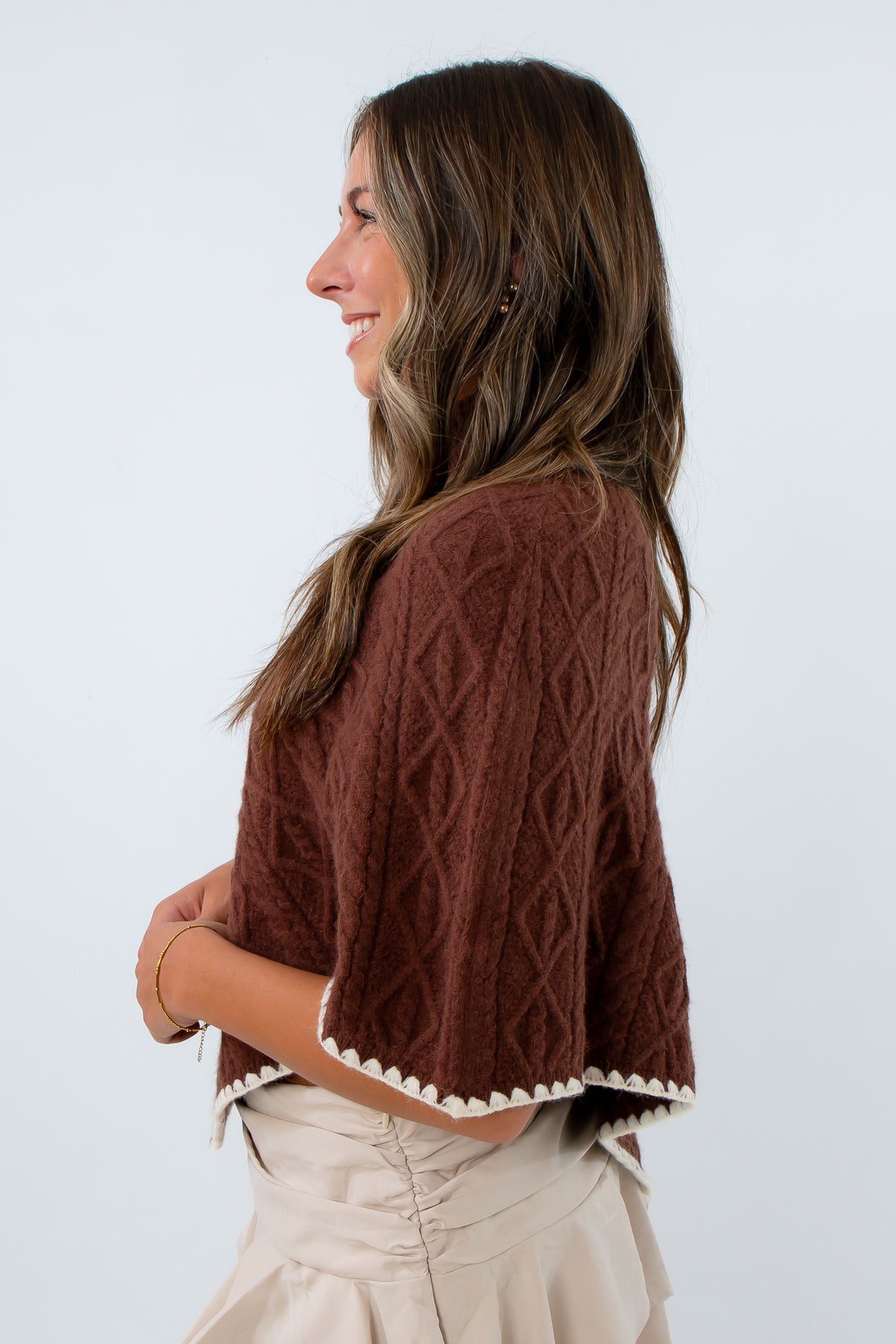 Short sleeve fall poncho with turtleneck and intricate trim, brown poncho for fall, knit poncho for fall