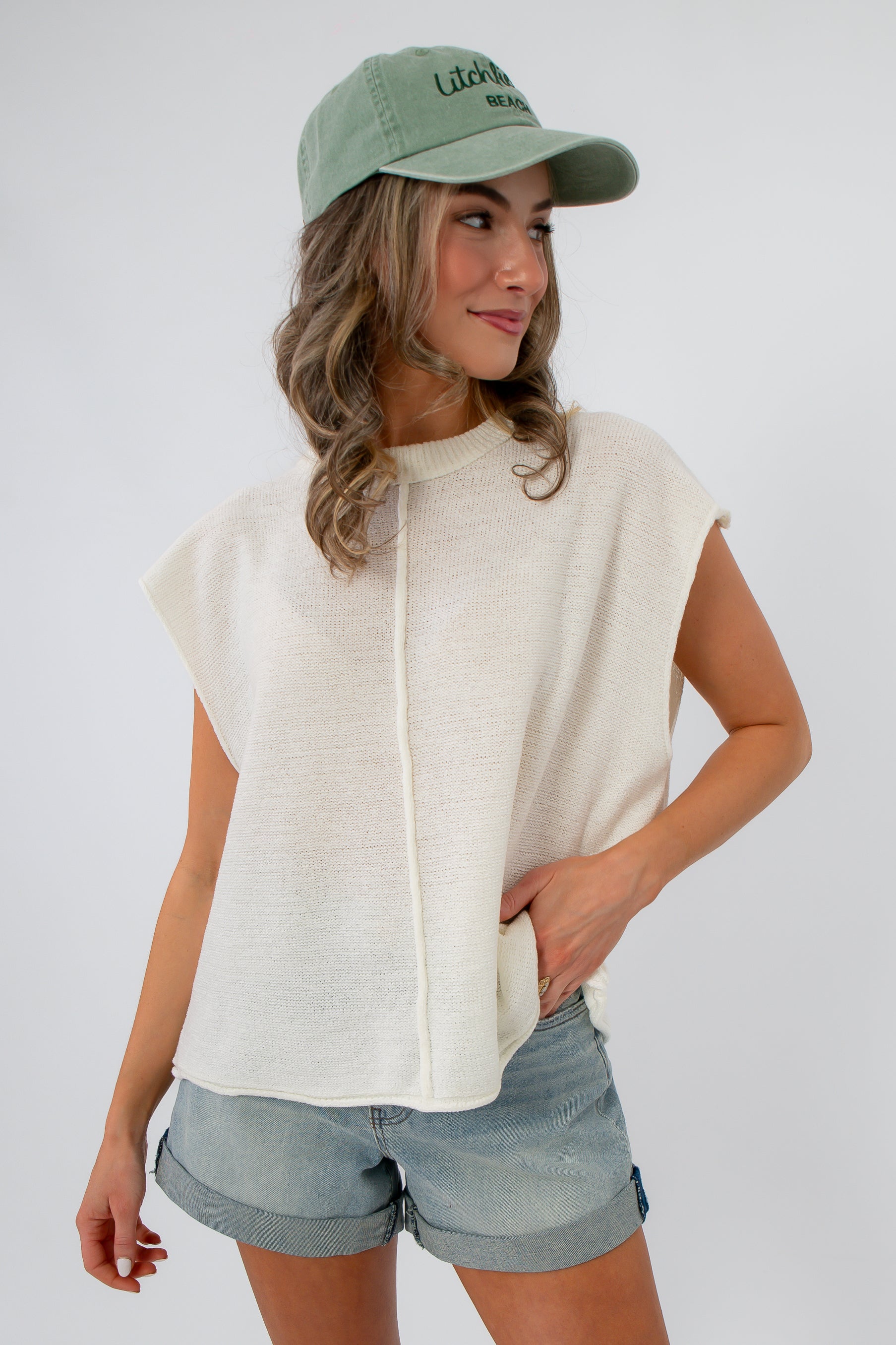 Frankie White Knit Sleeveless Sweater side view