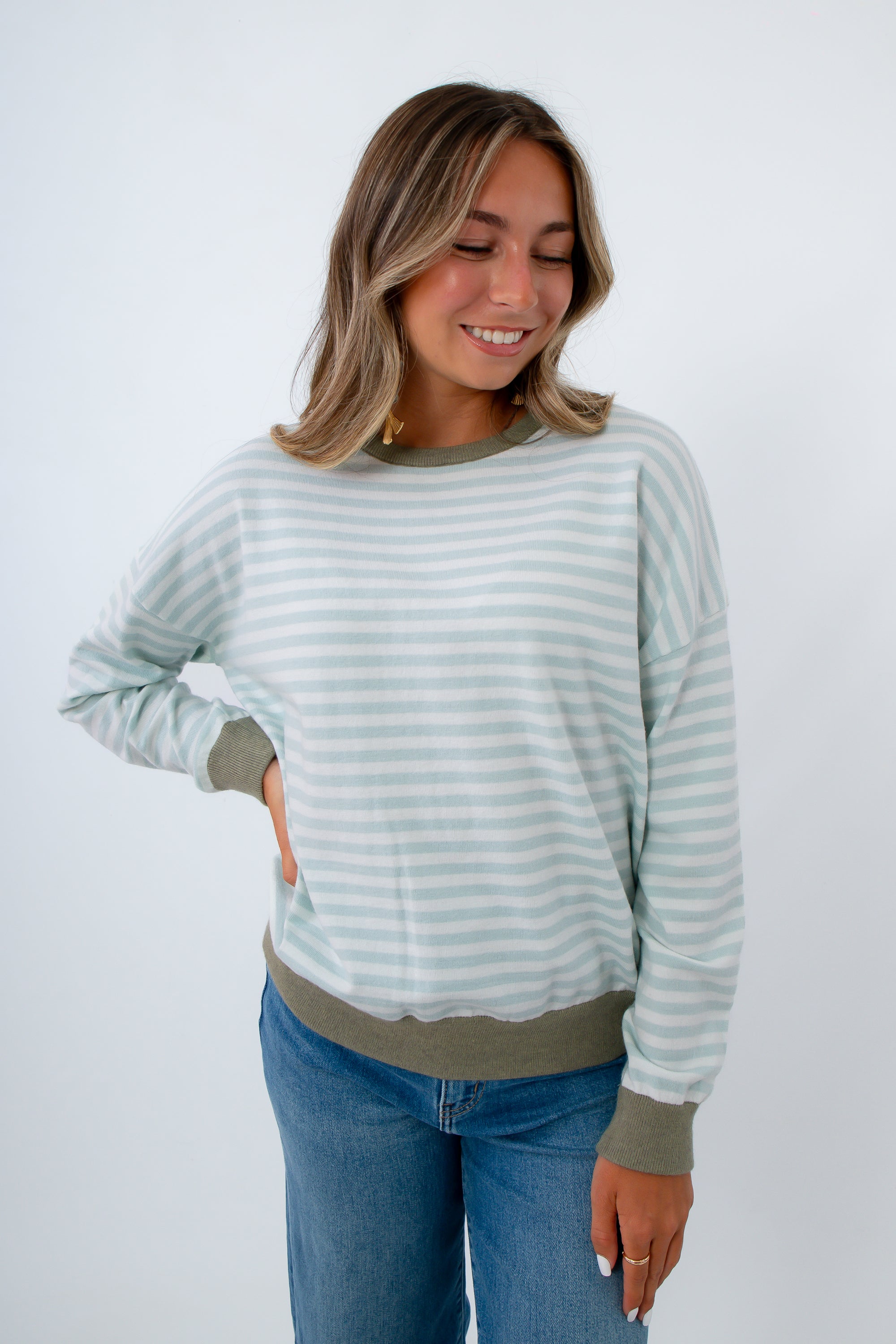 Study Hall Blue and Green Stripe Soft Knit Top