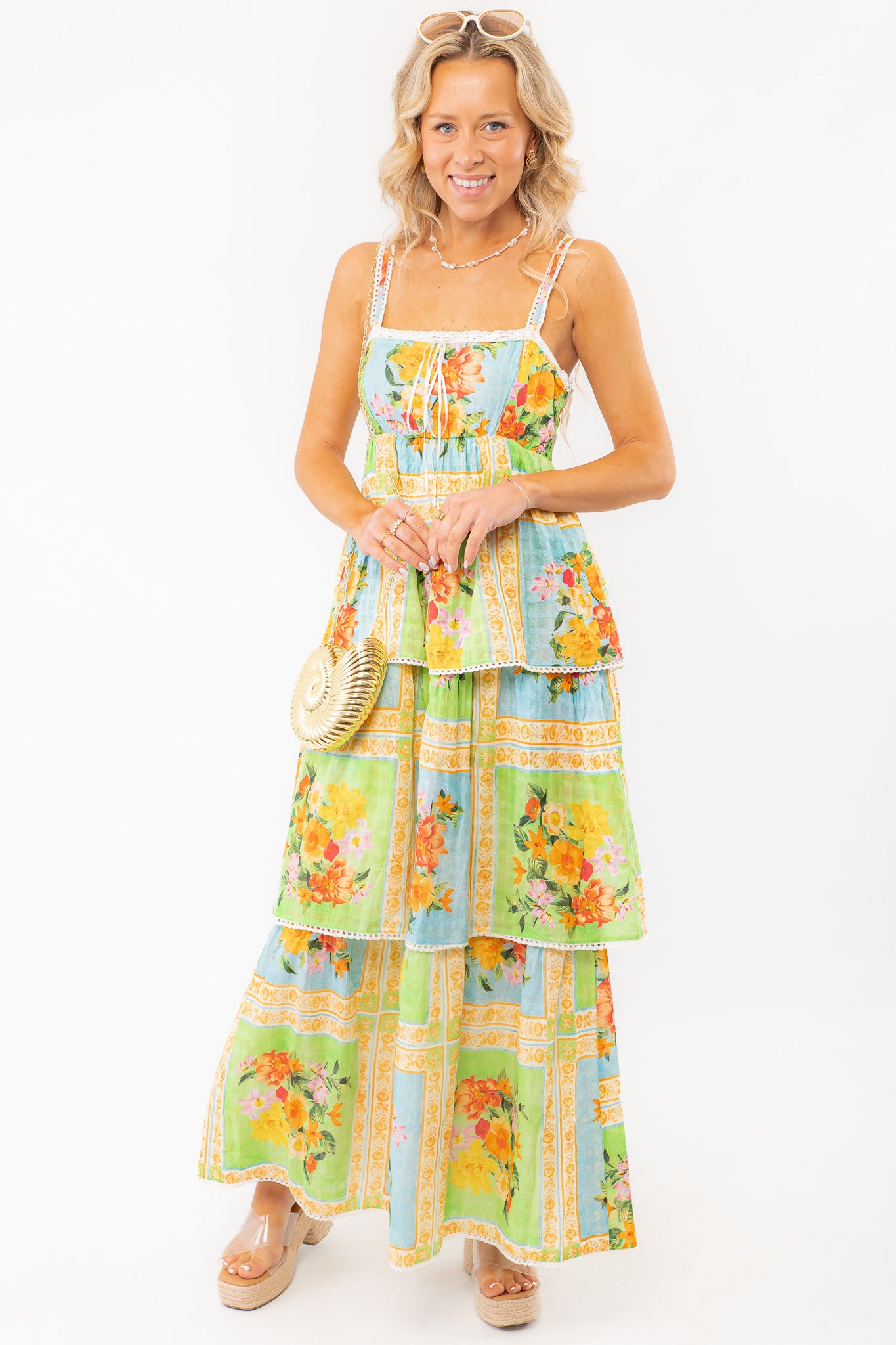 Charming Show Me Your Mumu Peyton Country Bouquet Midi Dress with a smocked bodice, delicate straps, and a tiered floral skirt for a feminine touch.