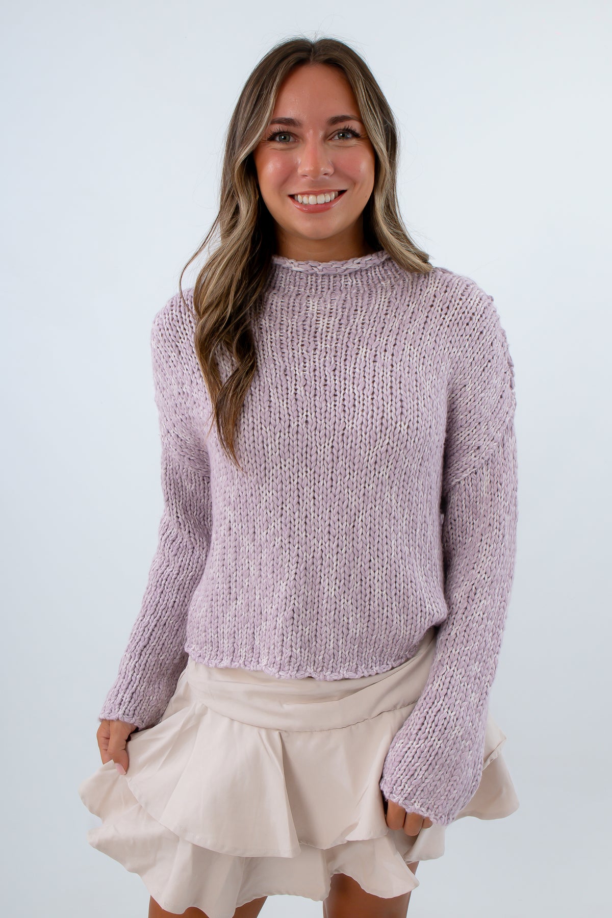 Cozy light purple long sleeve sweater for cooler weather, lavender lightweight sweater for fall