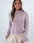 Cozy light purple long sleeve sweater for cooler weather, lavender lightweight sweater for fall