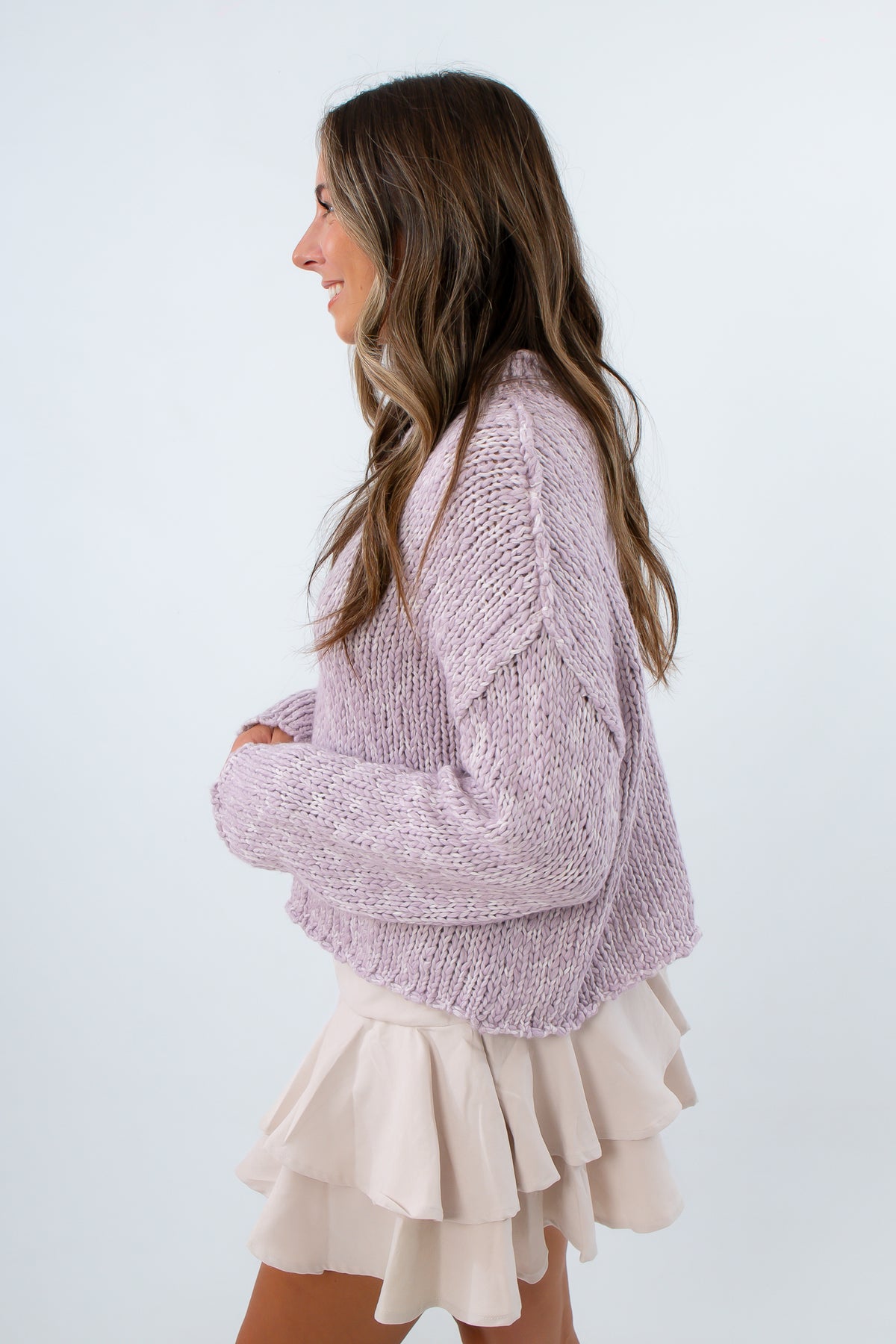 Stylish lavender knit sweater with rollneck design, long sleeve sweater with rollneck