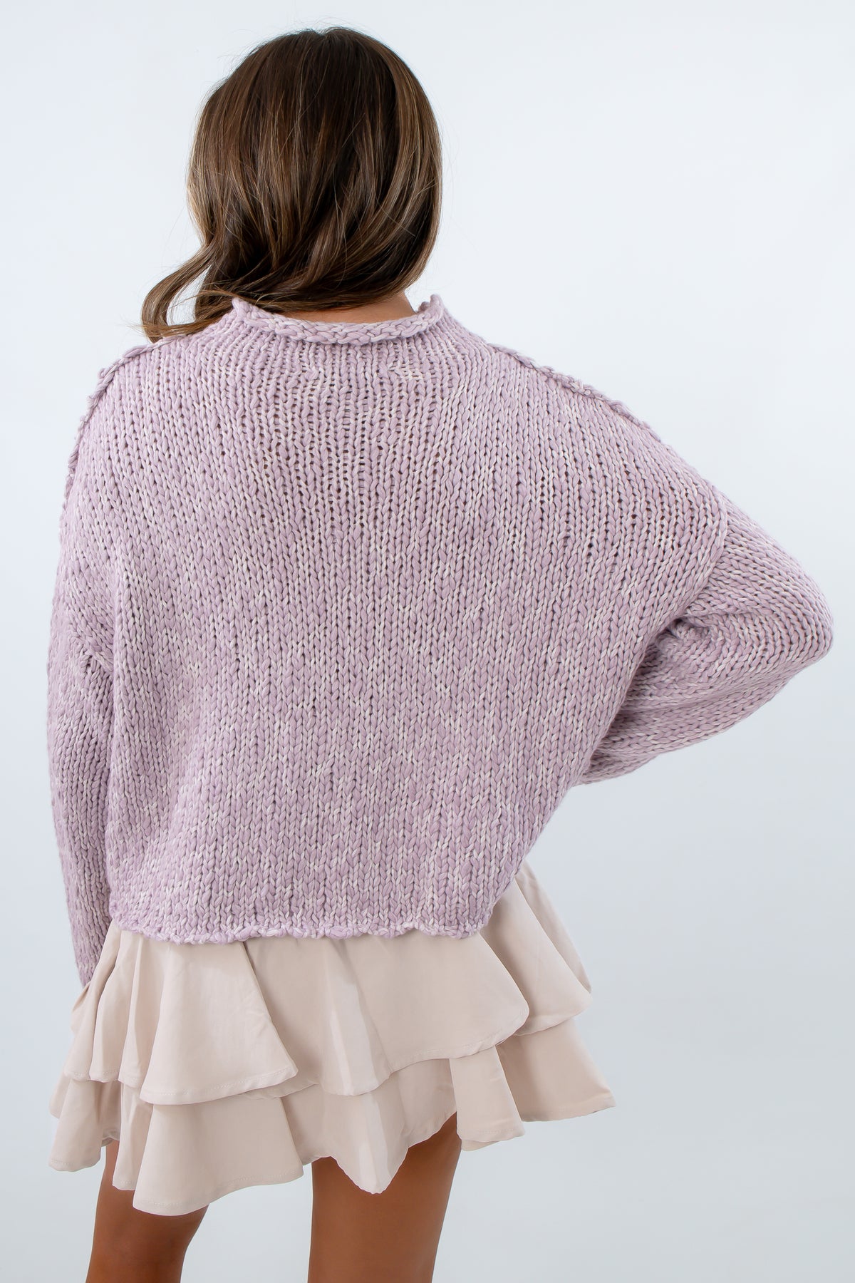 Colorful fall sweater in soft lavender hues, purple sweater for clemson game day