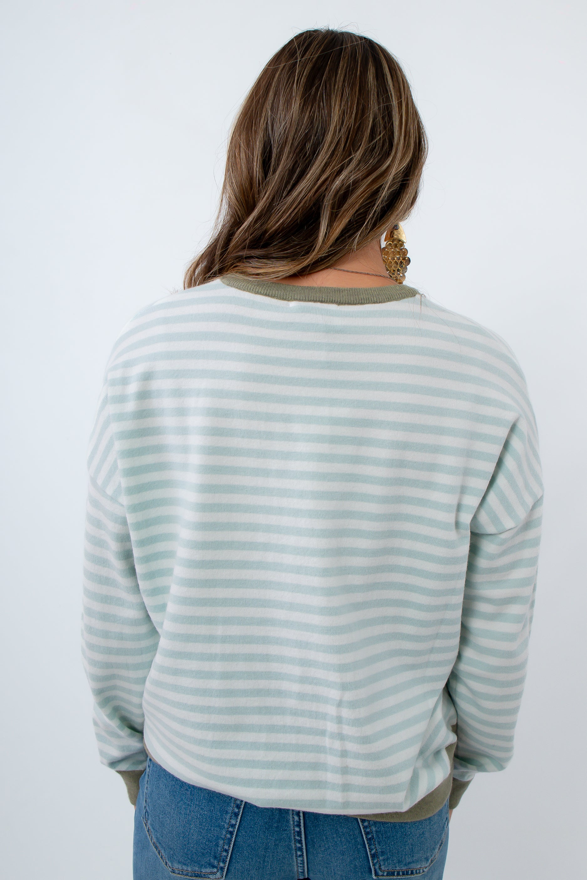 Collegiate style blue and white striped knit top, blue and white striped sweater