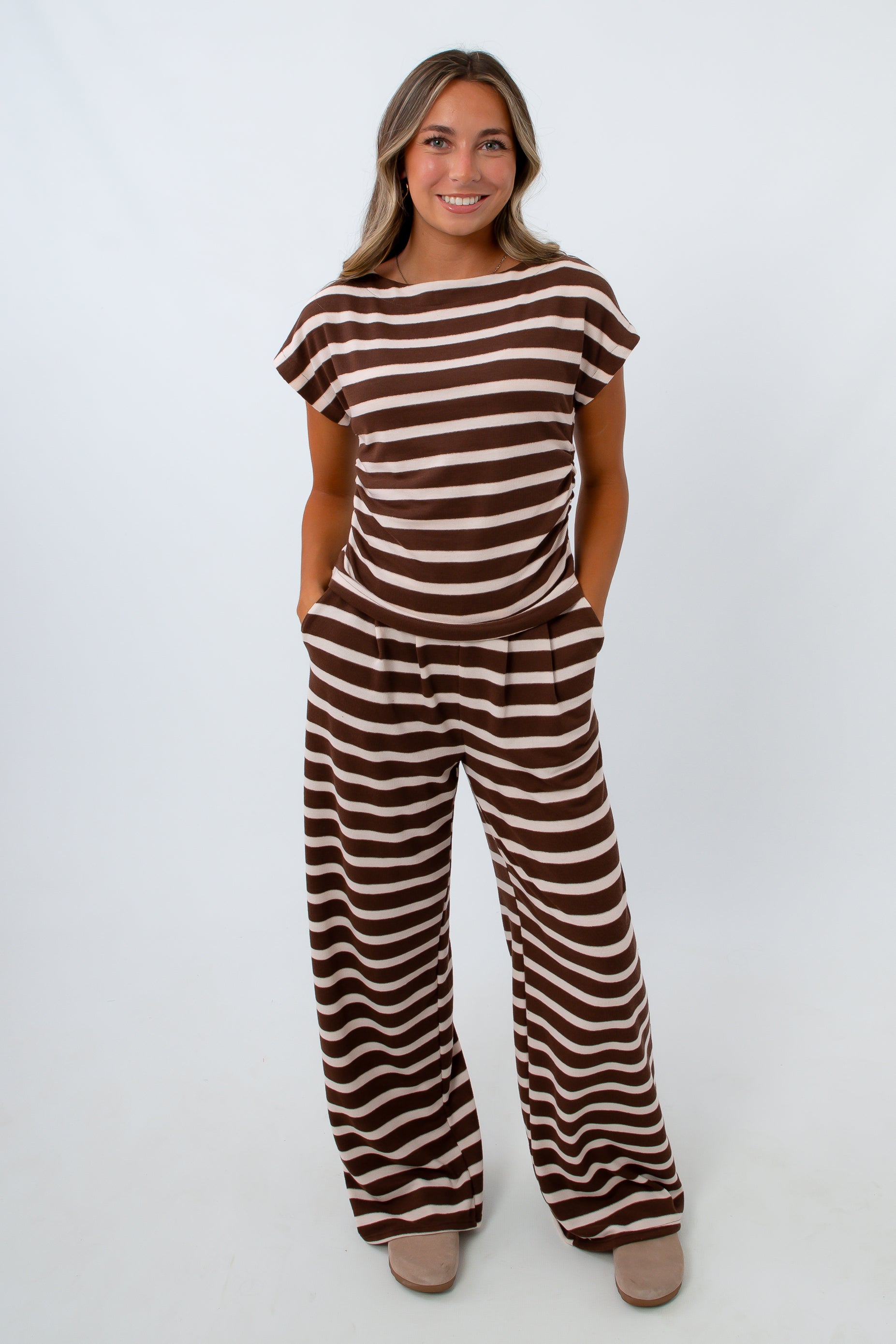 Comfy matching loungewear set, brown and white striped loungewear set, matching brown and white striped set