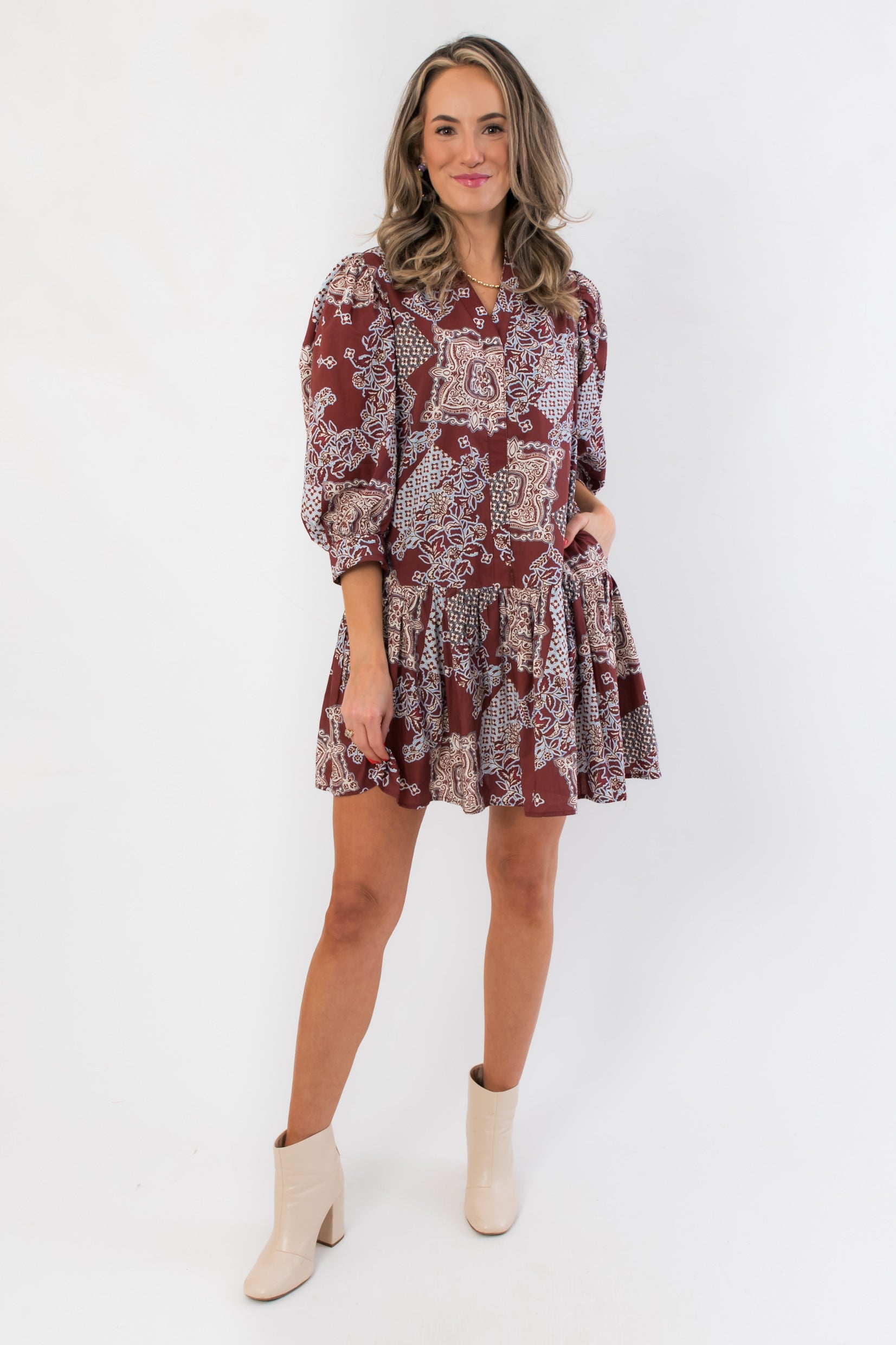Stylish Scottie Burgundy Print Tiered Mini Dress with tiered hem and long balloon sleeves, ideal for fall fashion and western-inspired outfits.