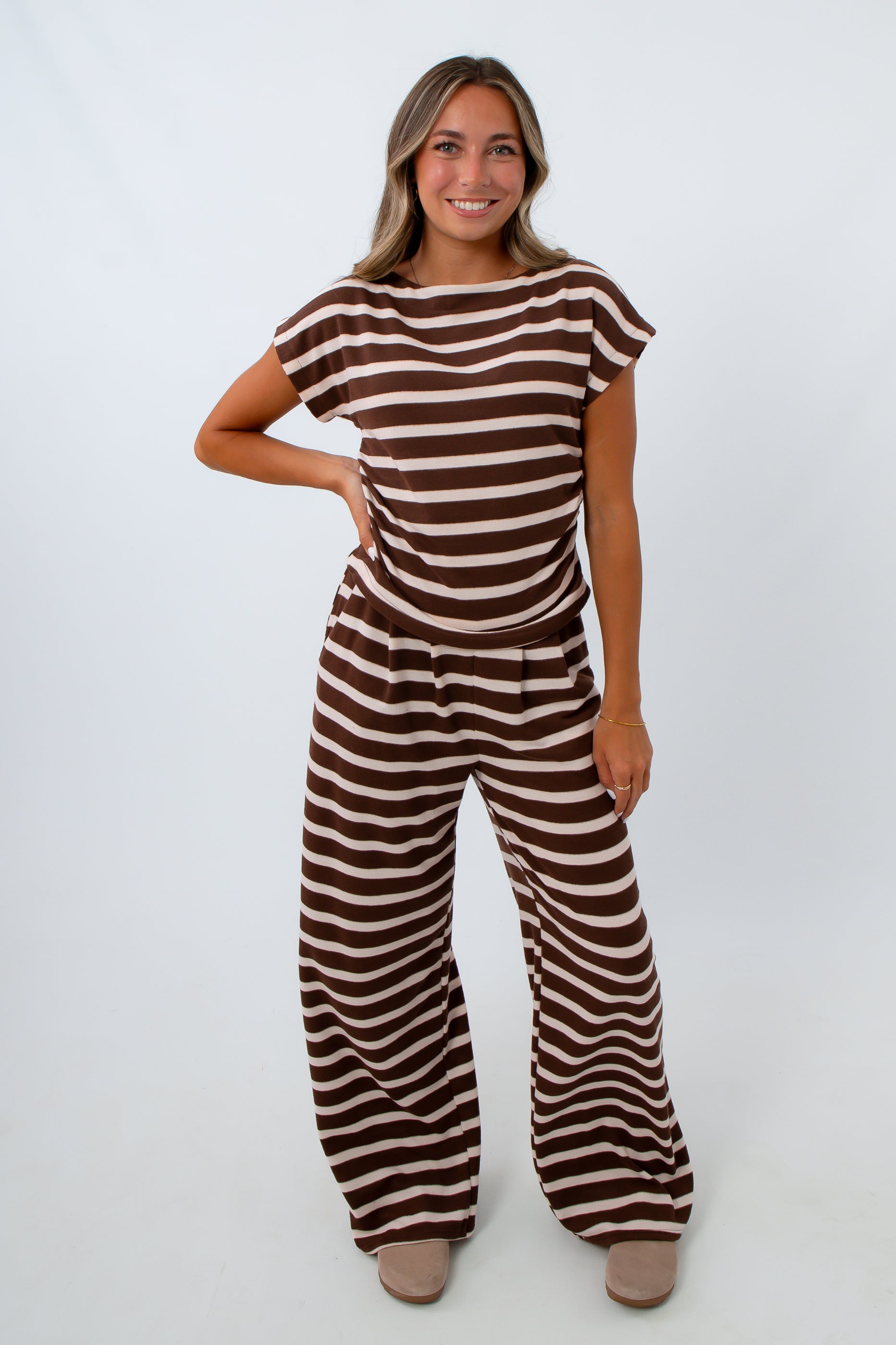 Two piece striped lounge set, brown and white striped lounge set, brown and white matching pants set