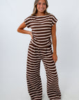 Two piece striped lounge set, brown and white striped lounge set, brown and white matching pants set