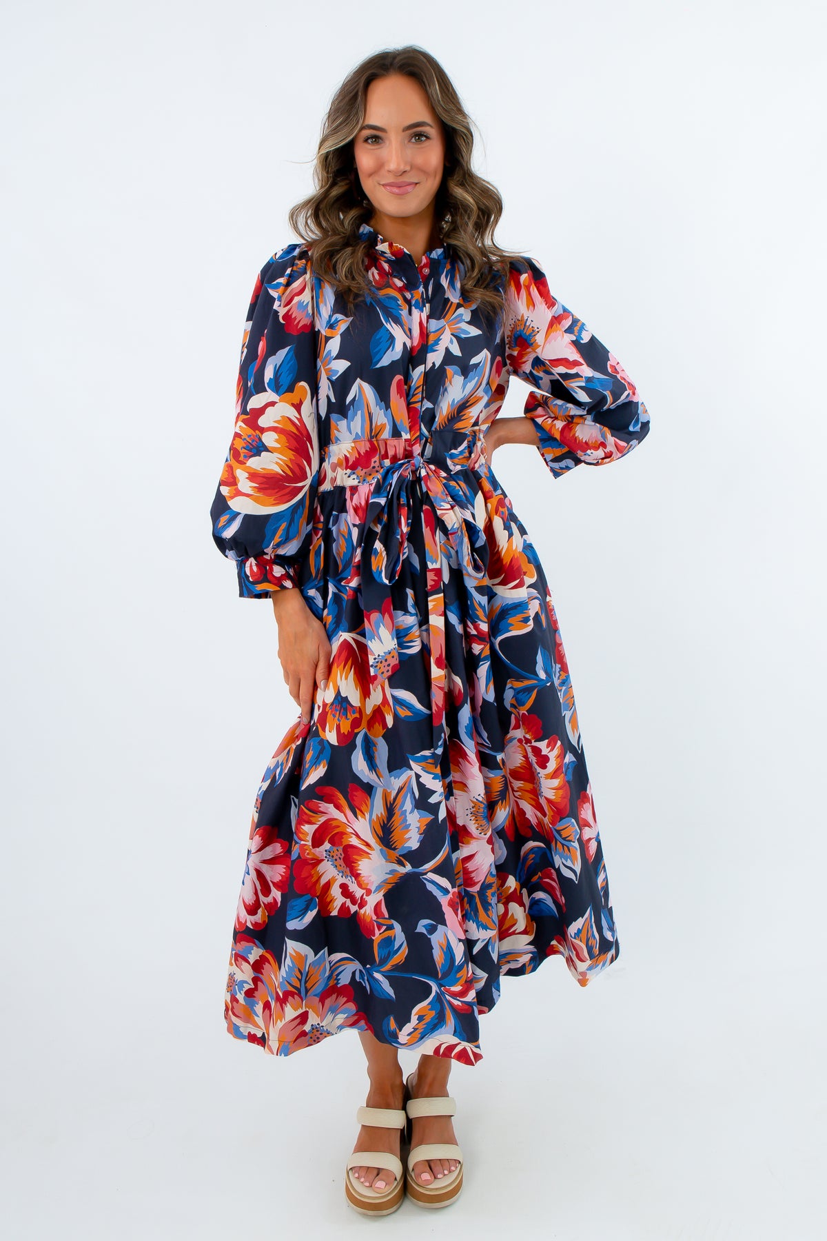 Navy floral long sleeve midi dress perfect for fall days, floral dresses for fall, navy floral dress