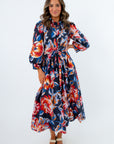 Navy floral long sleeve midi dress perfect for fall days, floral dresses for fall, navy floral dress