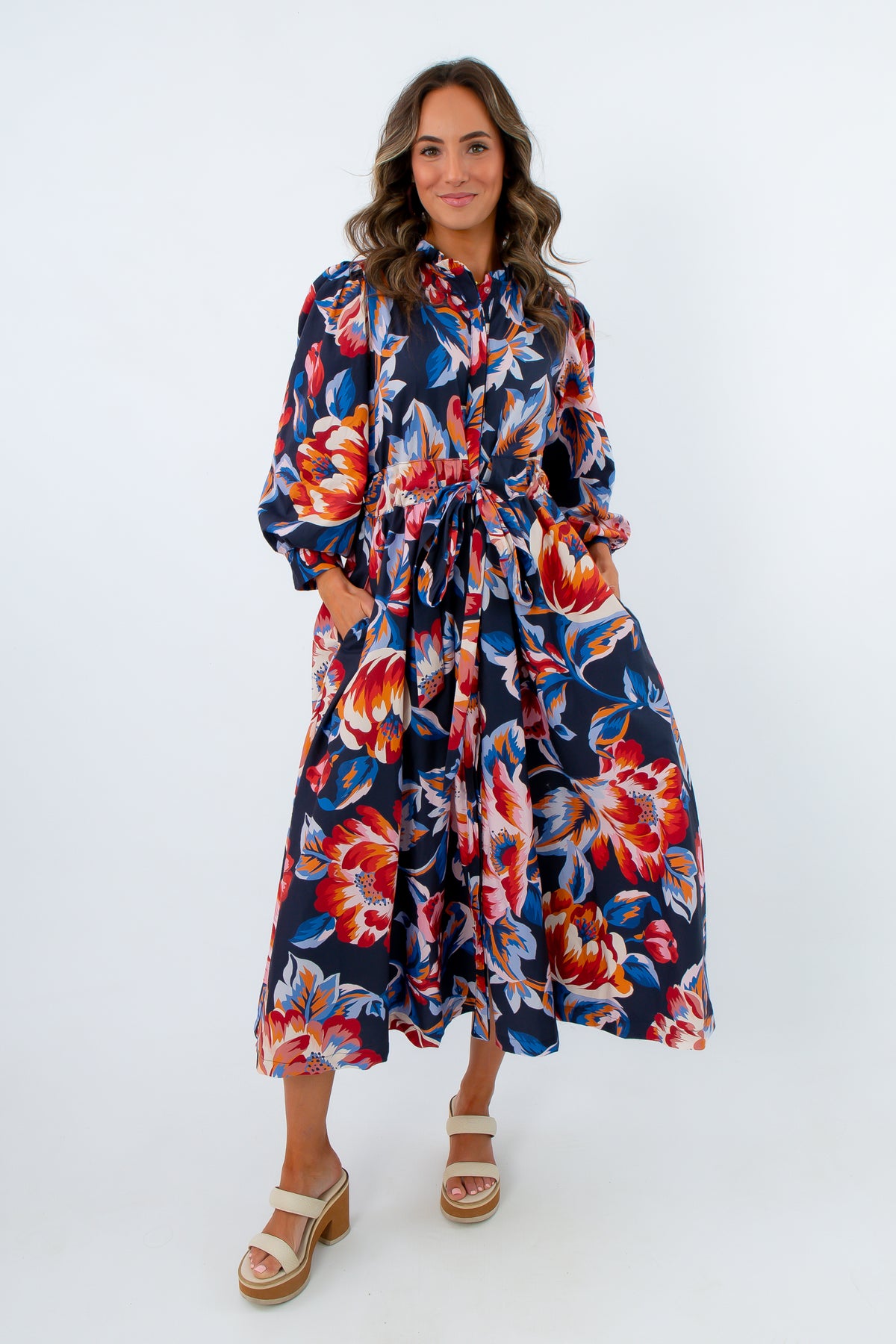 Elegant fall midi dress with adjustable tie waistband and side pockets, long sleeve dress with pockets, long floral dress with sleeves and tie belt