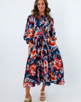 Elegant fall midi dress with adjustable tie waistband and side pockets, long sleeve dress with pockets, long floral dress with sleeves and tie belt
