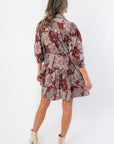 Back view of Scottie Burgundy Print Tiered Mini Dress with flowy tiered hem and gathered waist, a chic option in short dresses for everyday style.