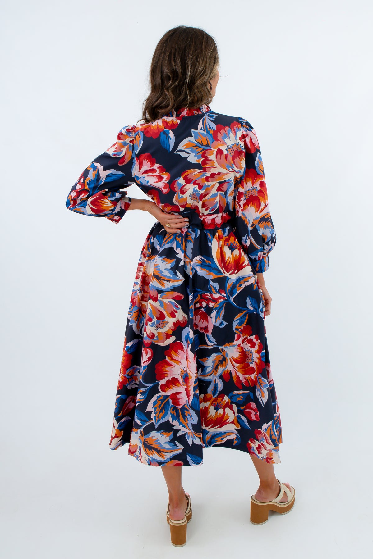 Navy floral midi dress, Long sleeve midi dress, Fall floral dress, Button front midi dress, Adjustable tie waist dress