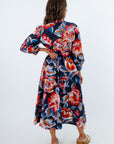 Navy floral midi dress, Long sleeve midi dress, Fall floral dress, Button front midi dress, Adjustable tie waist dress