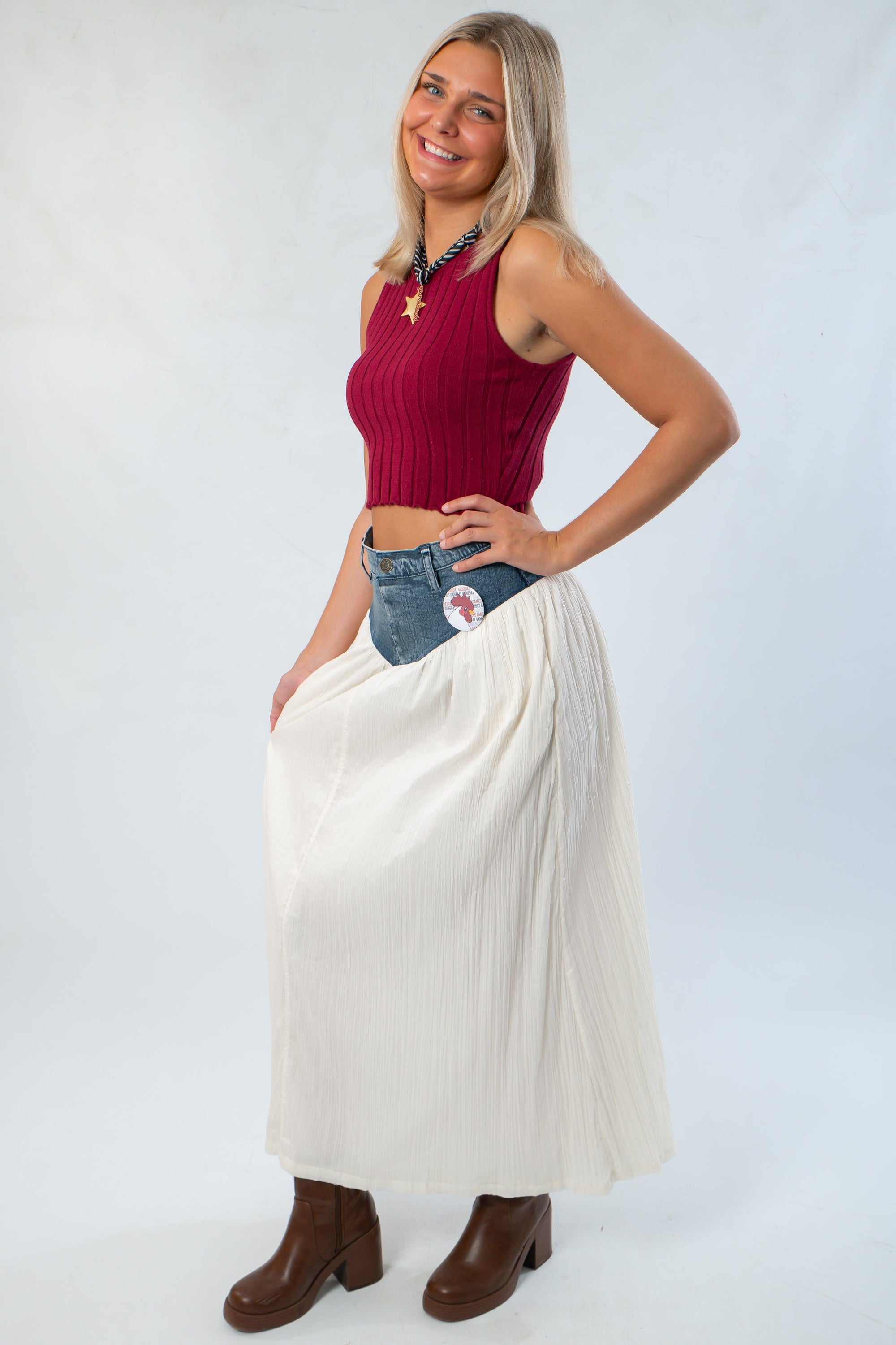 Side view of the Denim Voile Maxi Skirt by Show Me Your Mumu, highlighting the contrast denim waist and flowing cream fabric.