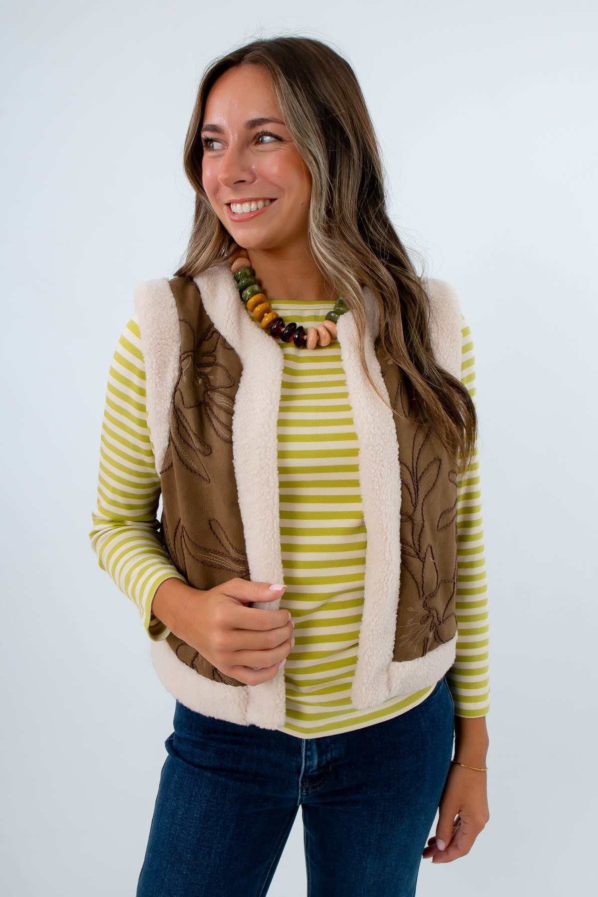 Thanksgiving outfit layered vest, khaki vest, brown suede vest for fall