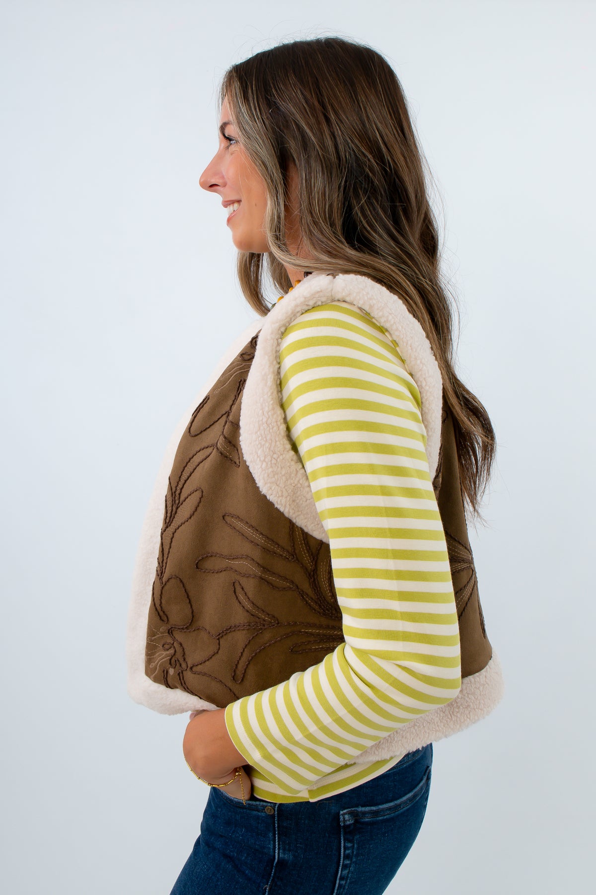 Khaki brown suede vest with embroidered floral design, suede vest with sherpa lining for fall, vest with pockets