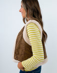 Khaki brown suede vest with embroidered floral design, suede vest with sherpa lining for fall, vest with pockets