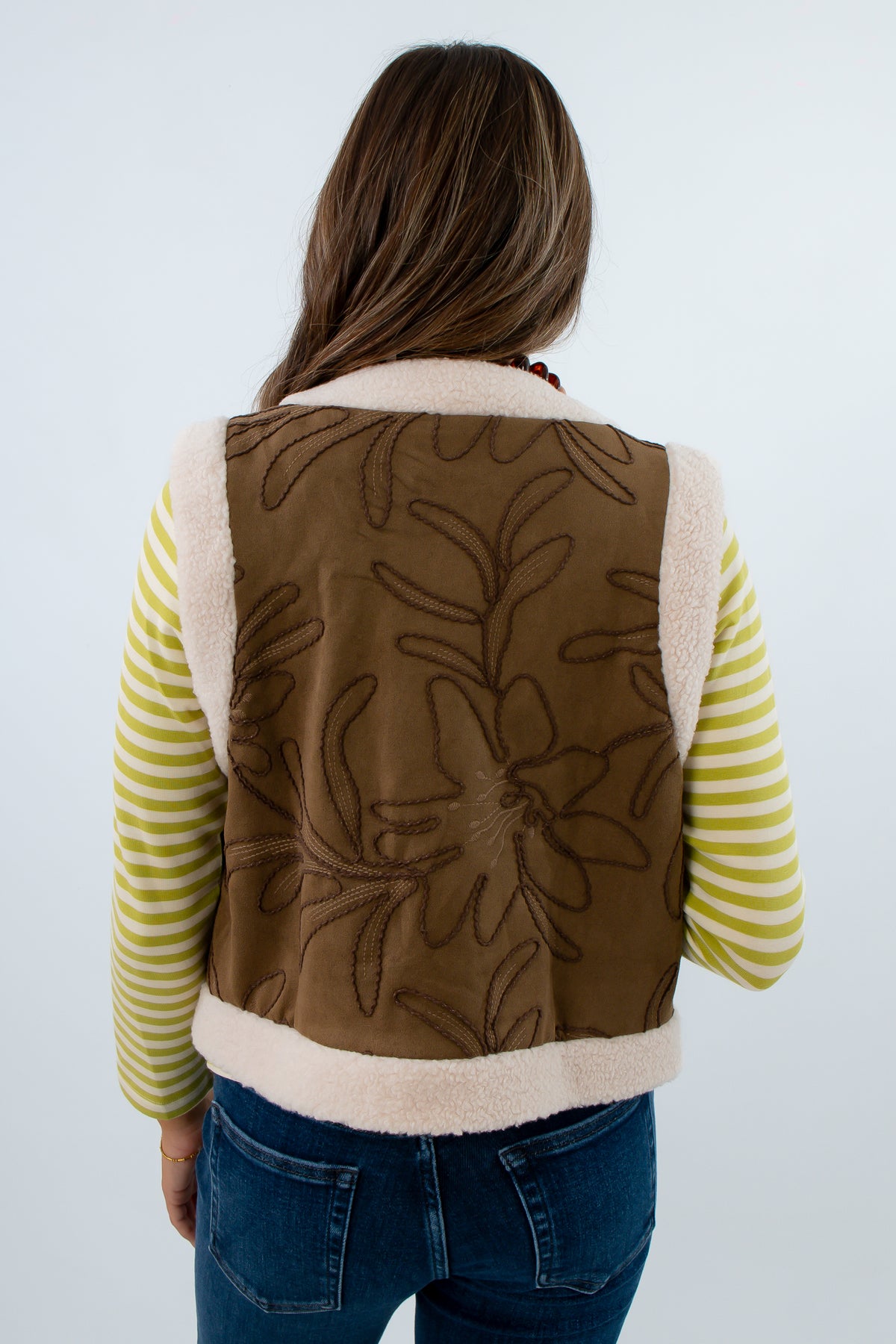Sherpa trim vest, khaki suede vest, brown khaki vest, thanksgiving outfit inspo