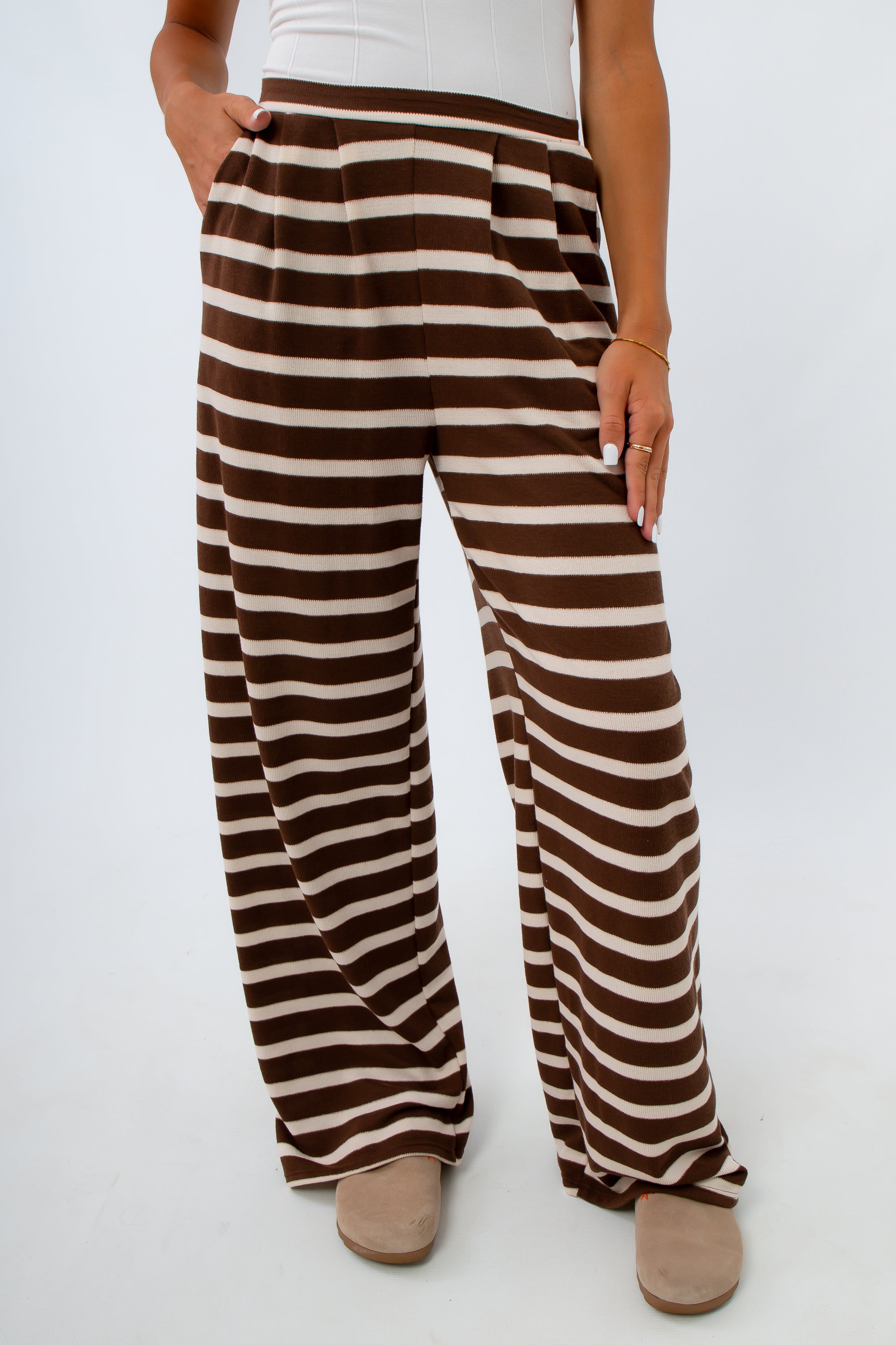 Brown and white striped wide leg sweatpants, comfy brown and white pants for school, brown sweatpants
