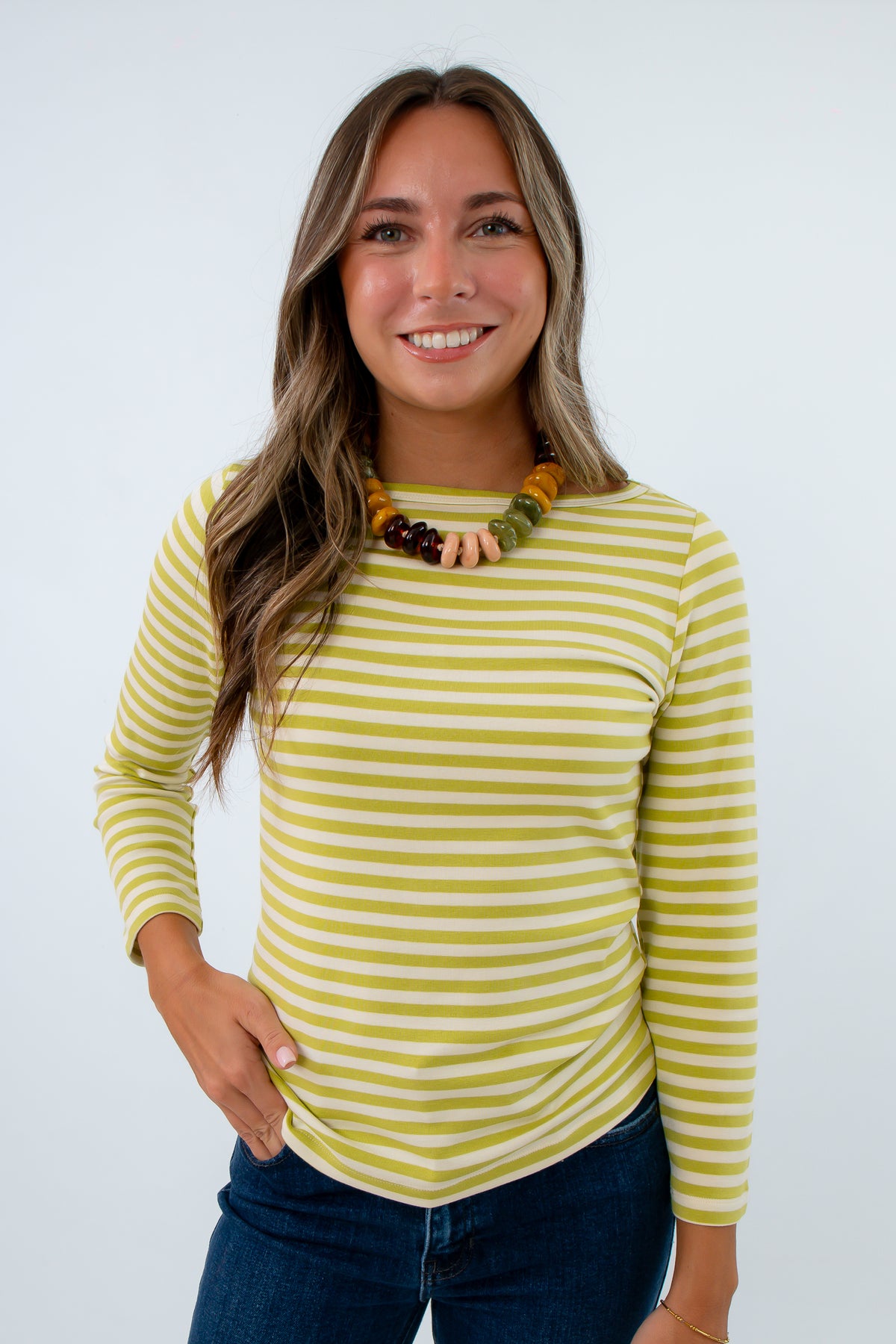 Comfortable green striped fall top with boatneck neckline, green striped long sleeve top, green striped long sleeve tee