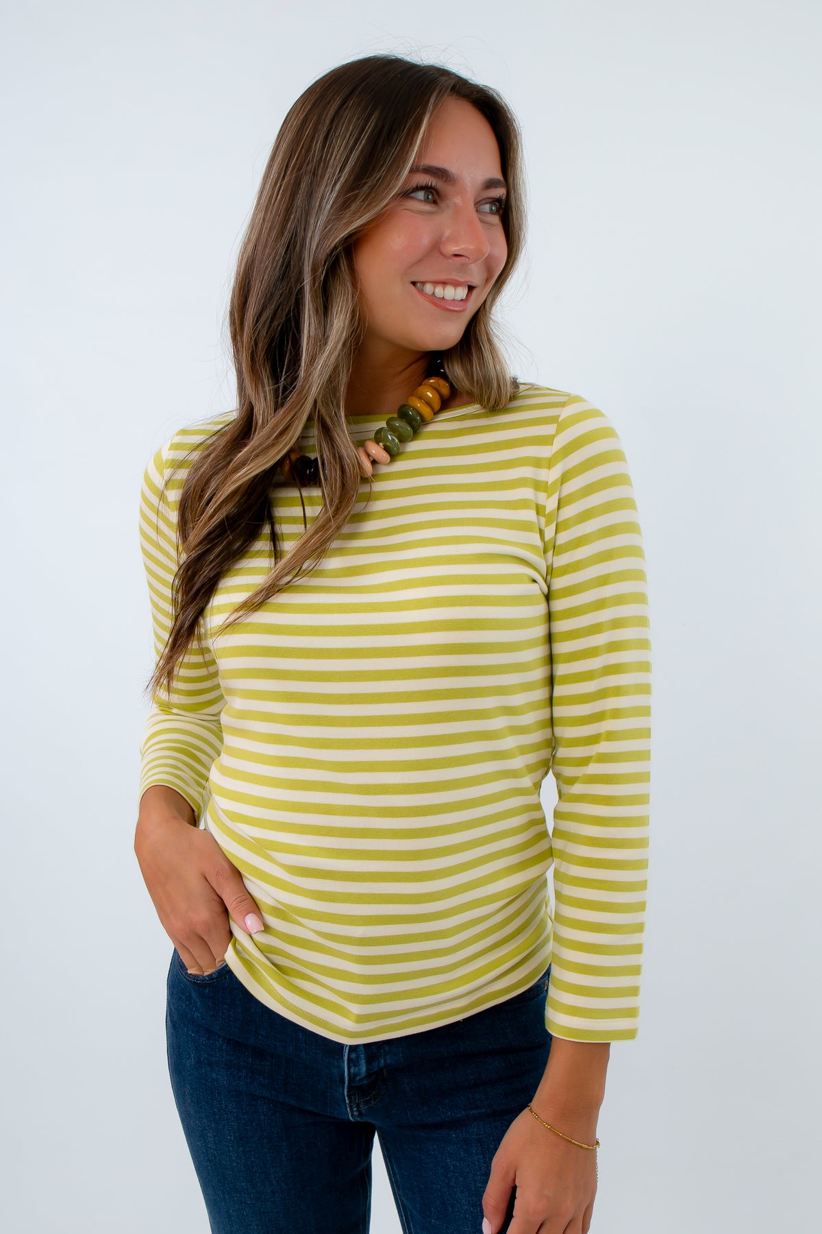 Artiste Avocado Stripe Boatneck Long Sleeve Tee