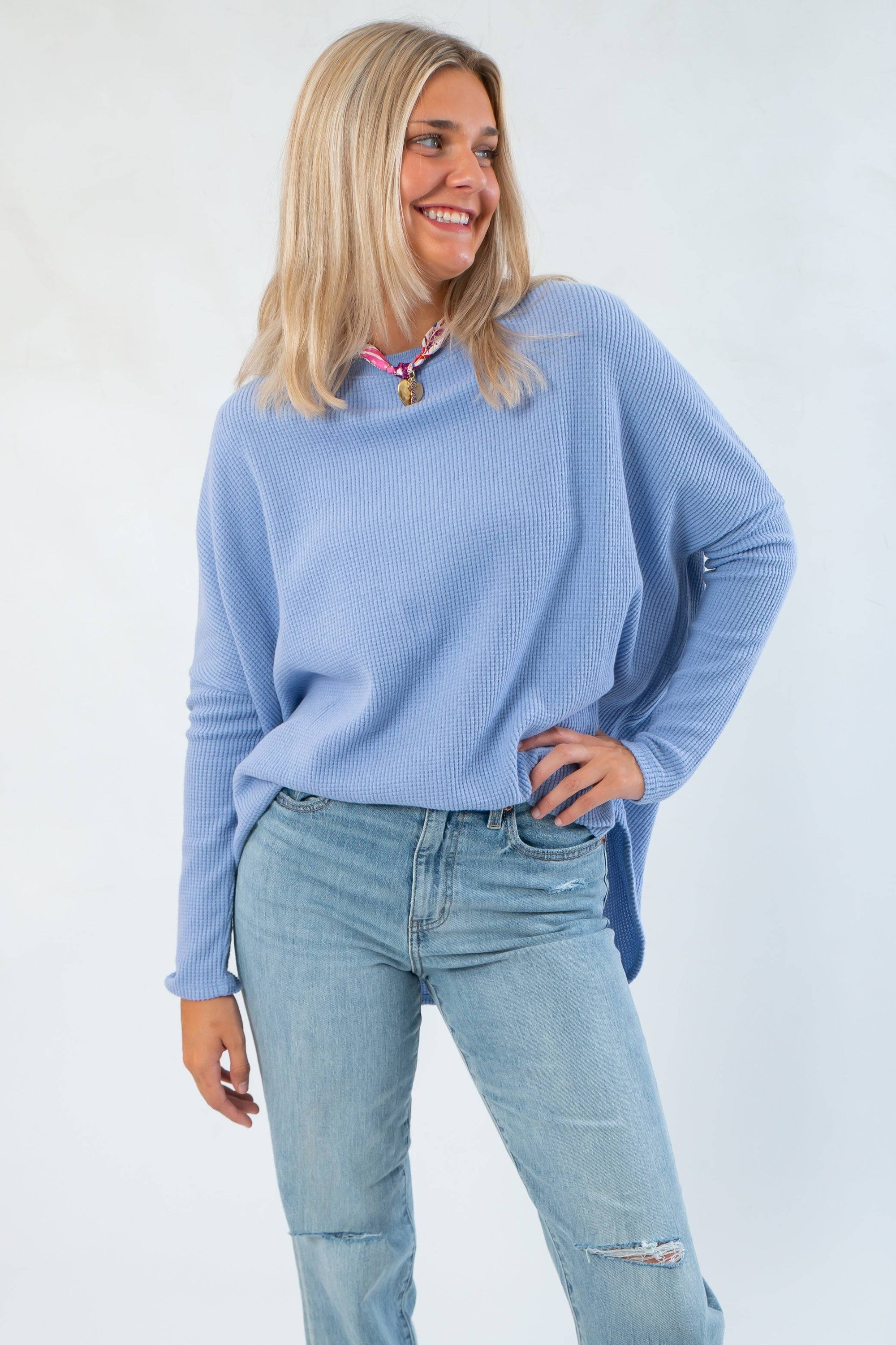 Cozy and stylish Free People Dawn Breeze Latte Blues Solid Thermal featuring dolman sleeves and relaxed fit, perfect for layering in cooler seasons.