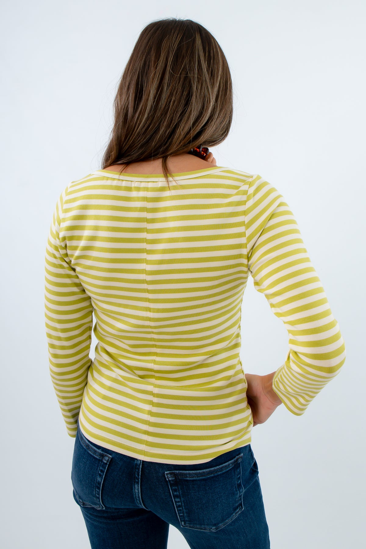 Green striped long sleeve top, Boatneck long sleeve tee, Casual fall tops, Elevated basic top, Fall workwear tops
