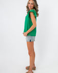 THML emerald green linen stitch short sleeve top model profile