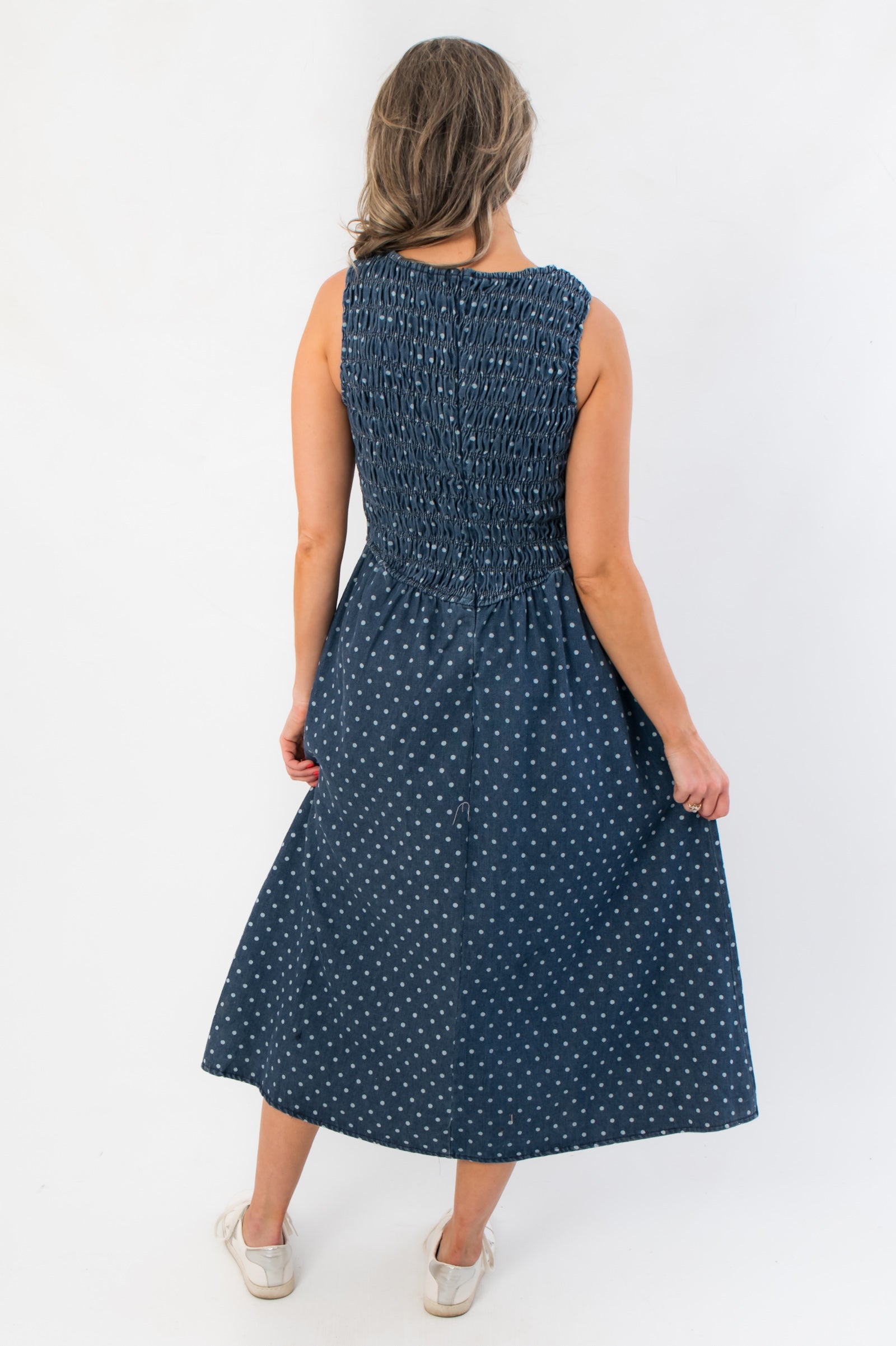Southern Roots Denim Polka Dot Midi Dress