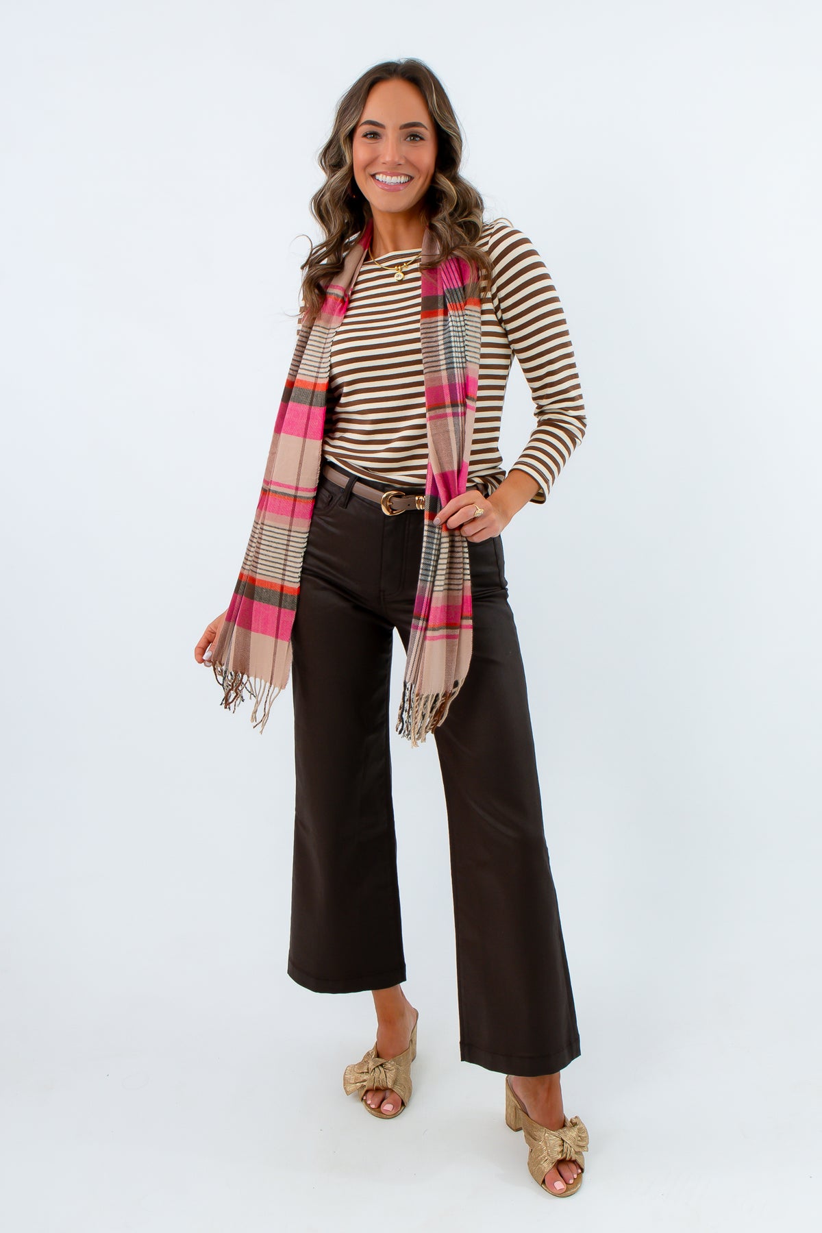 Brown striped fall top with boatneck neckline for casual wear, brown striped long sleeve top, casual fall tops, brown striped top