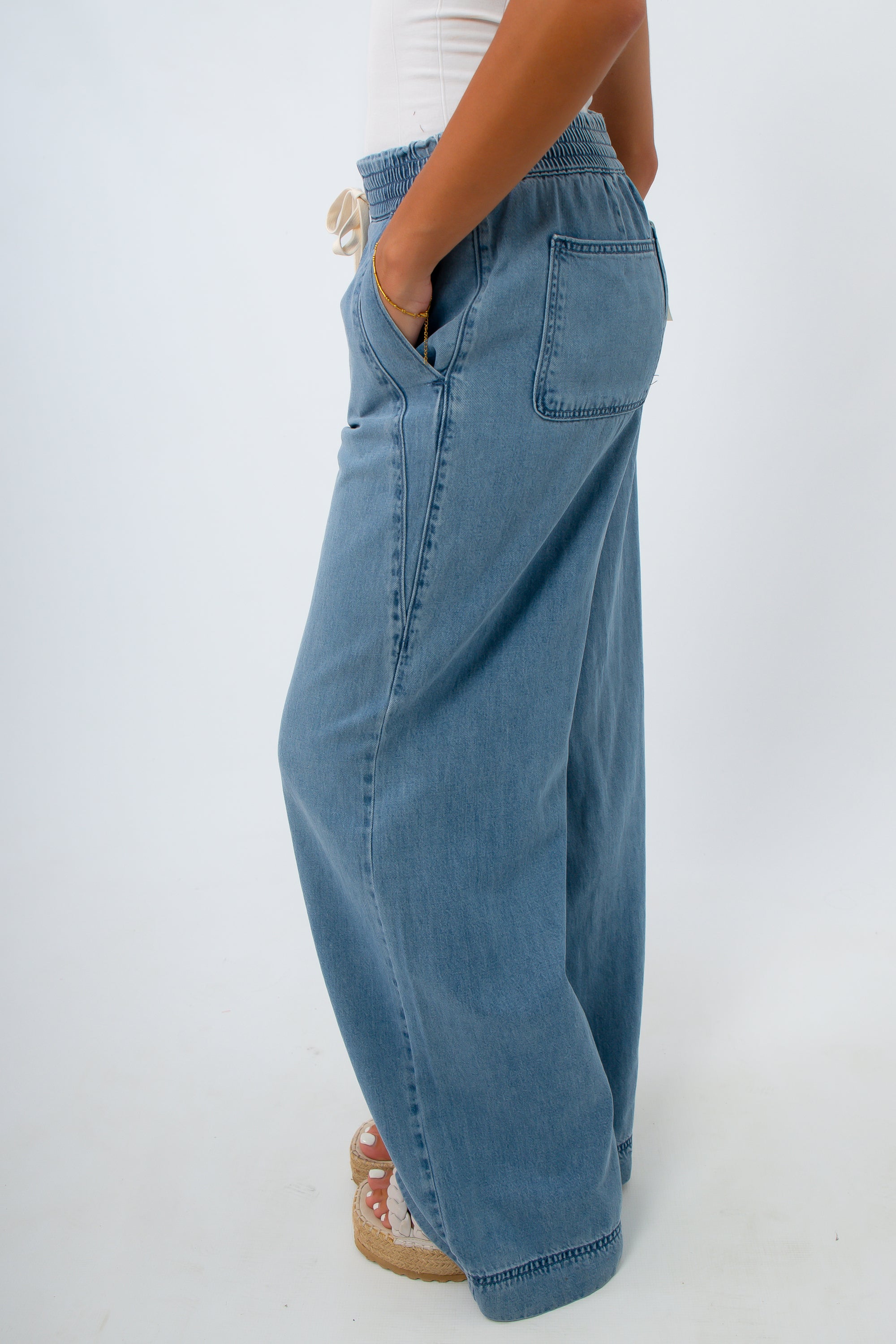Wide leg pull on denim pants for school, pants for back to school, comfy pants for school