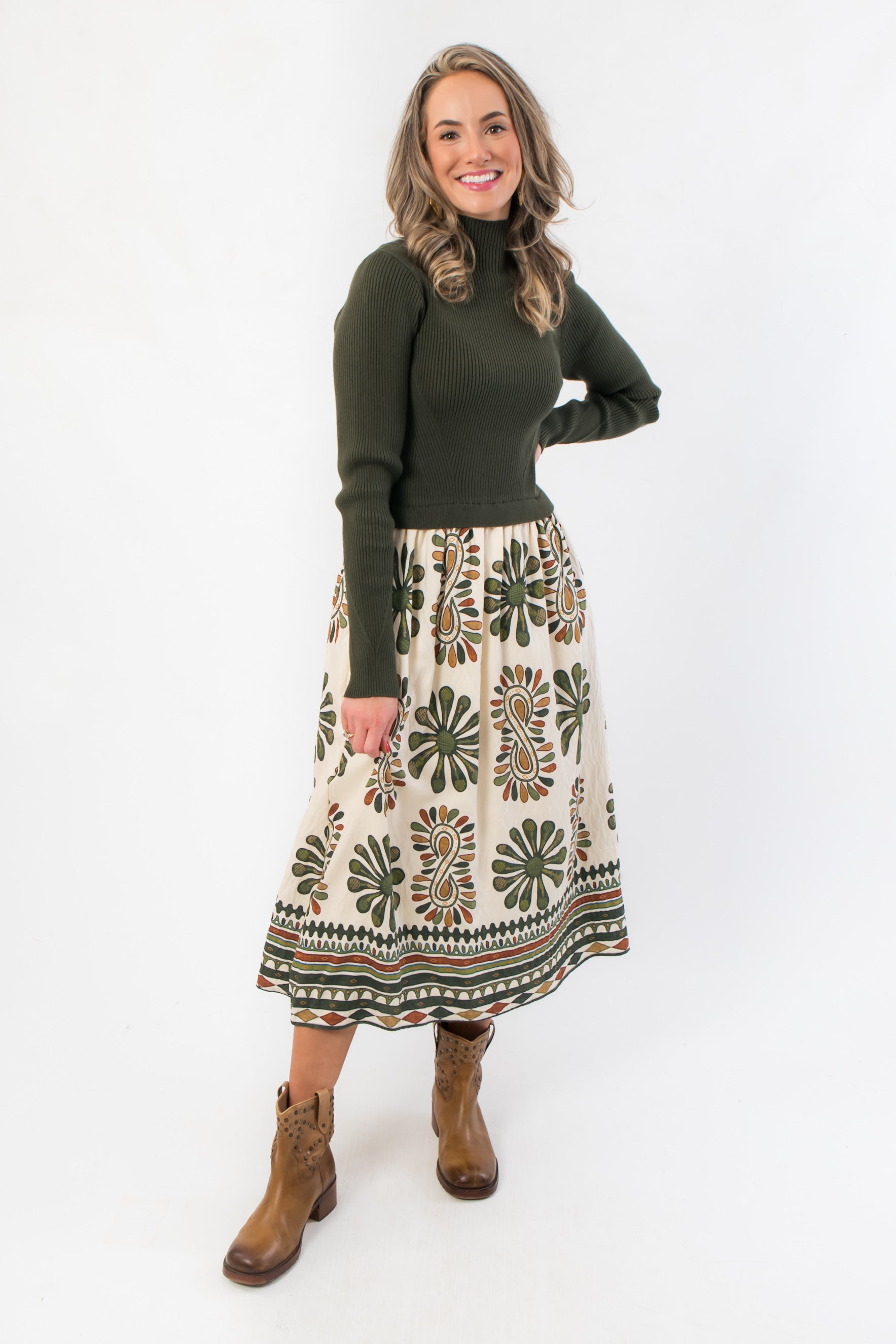 Fall-ready Channing Olive Green Contrast Midi Dress featuring long sleeves and a floral print skirt, ideal for holiday and Thanksgiving outfits.