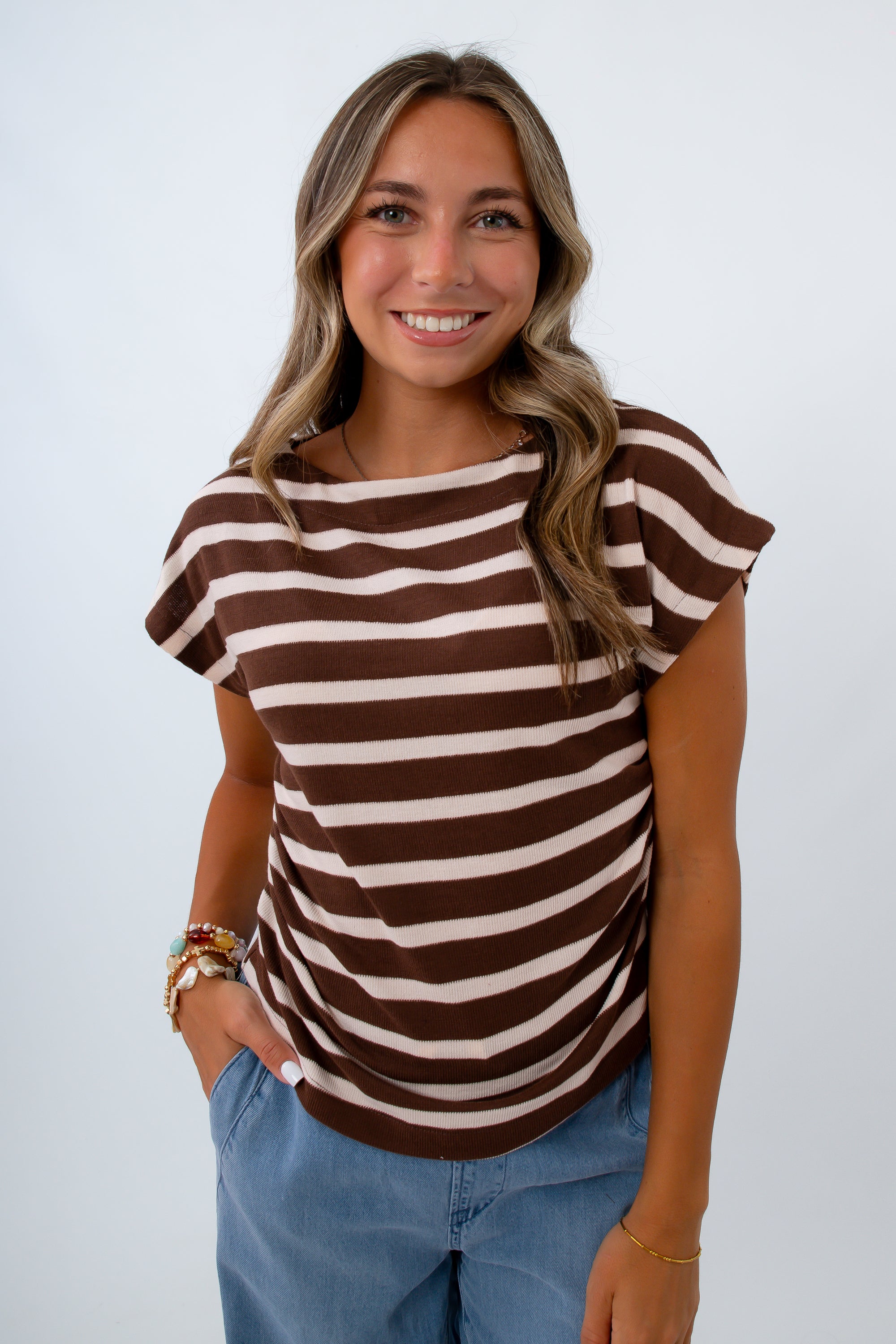 Brown and white striped cap sleeve top, fall going out top, fall knit top, lightweight fall tops