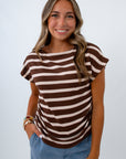 Brown and white striped cap sleeve top, fall going out top, fall knit top, lightweight fall tops