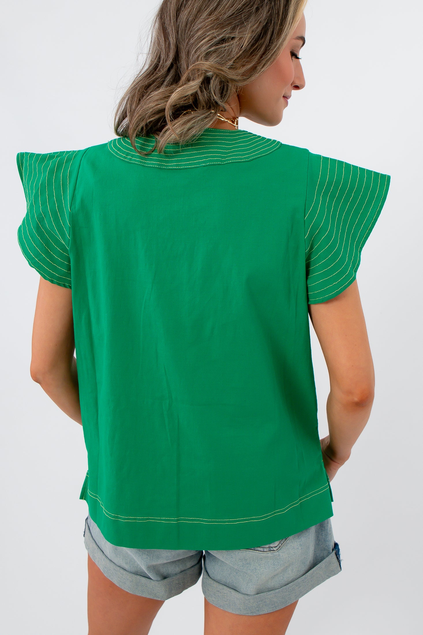 THML emerald green linen stitch short sleeve top back view