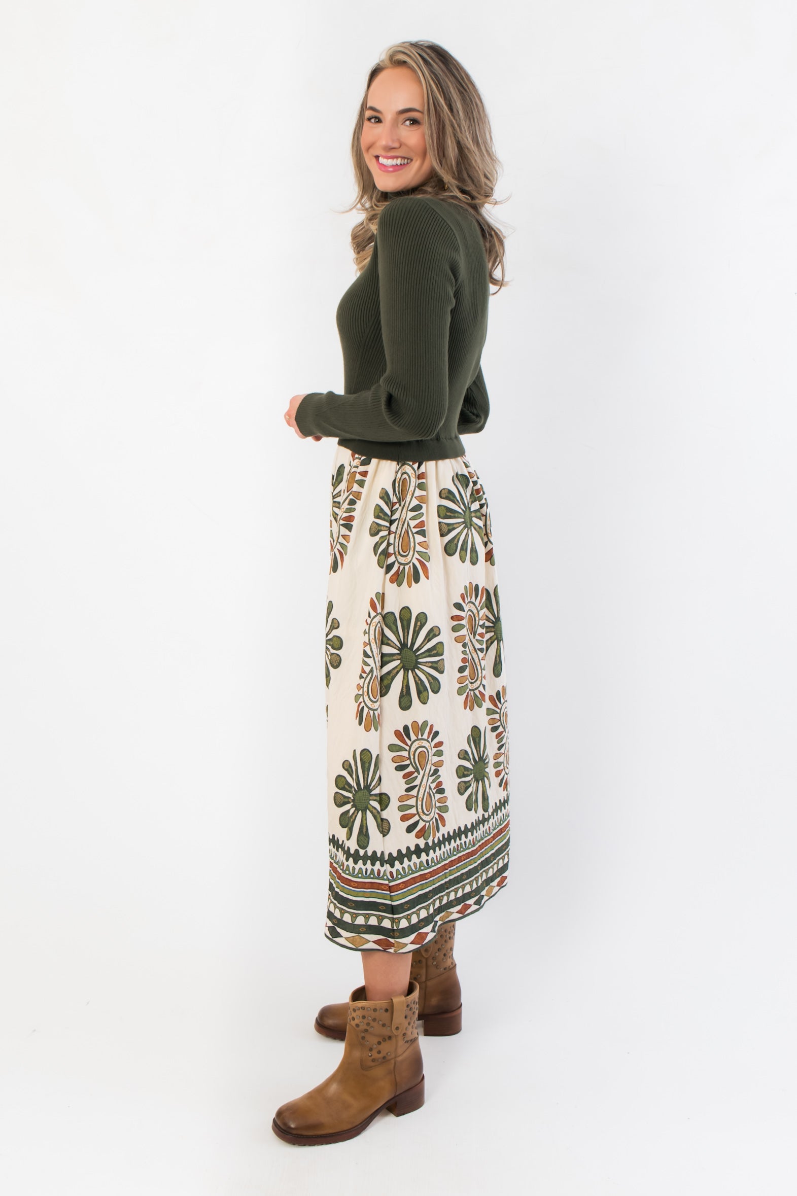 Side view of Channing Olive Green Contrast Midi Dress showing fitted ribbed top and flowy printed skirt, perfect for seasonal layering.