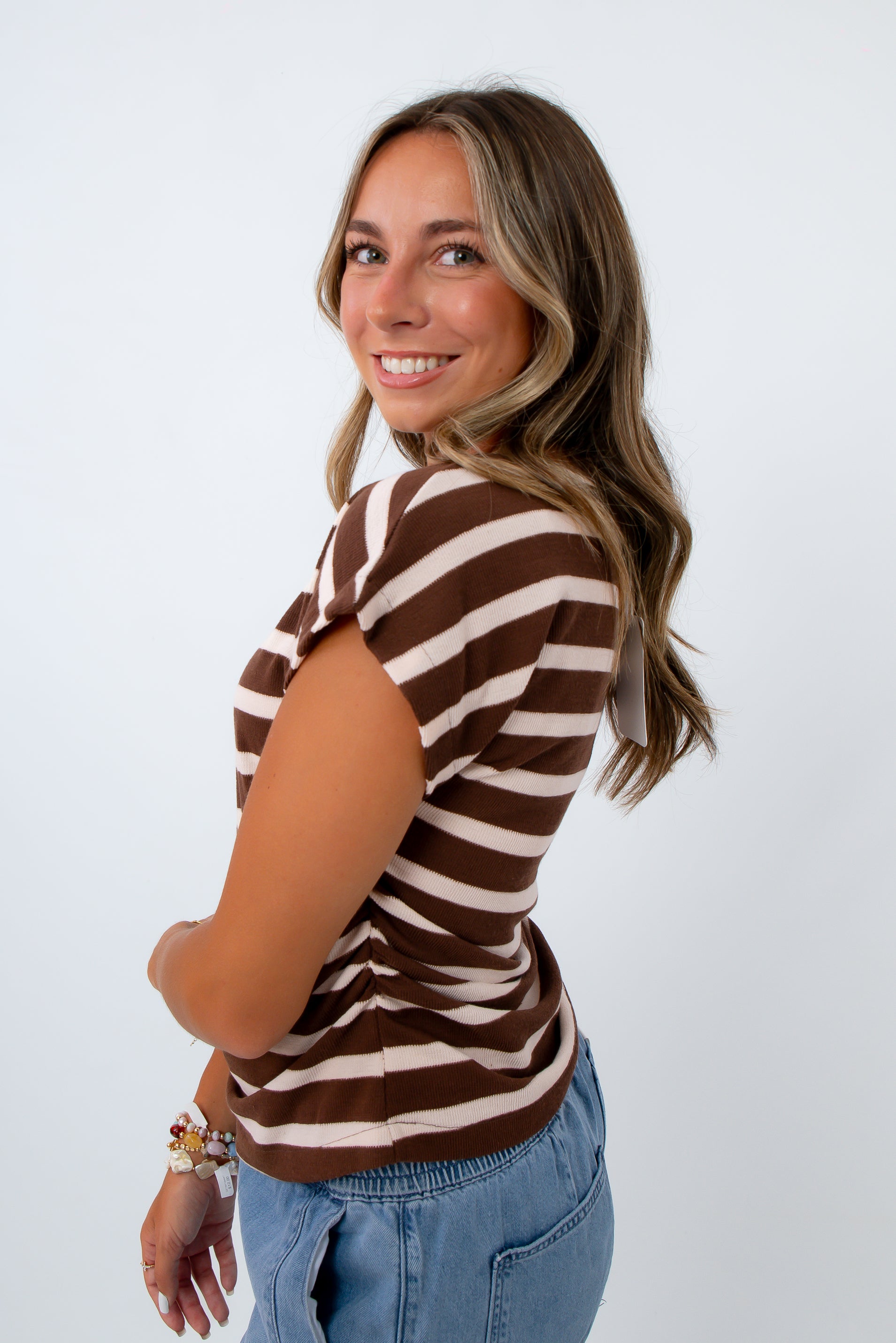 Lightweight knit top, fall lounge top, brown and white striped top, brown lounge top