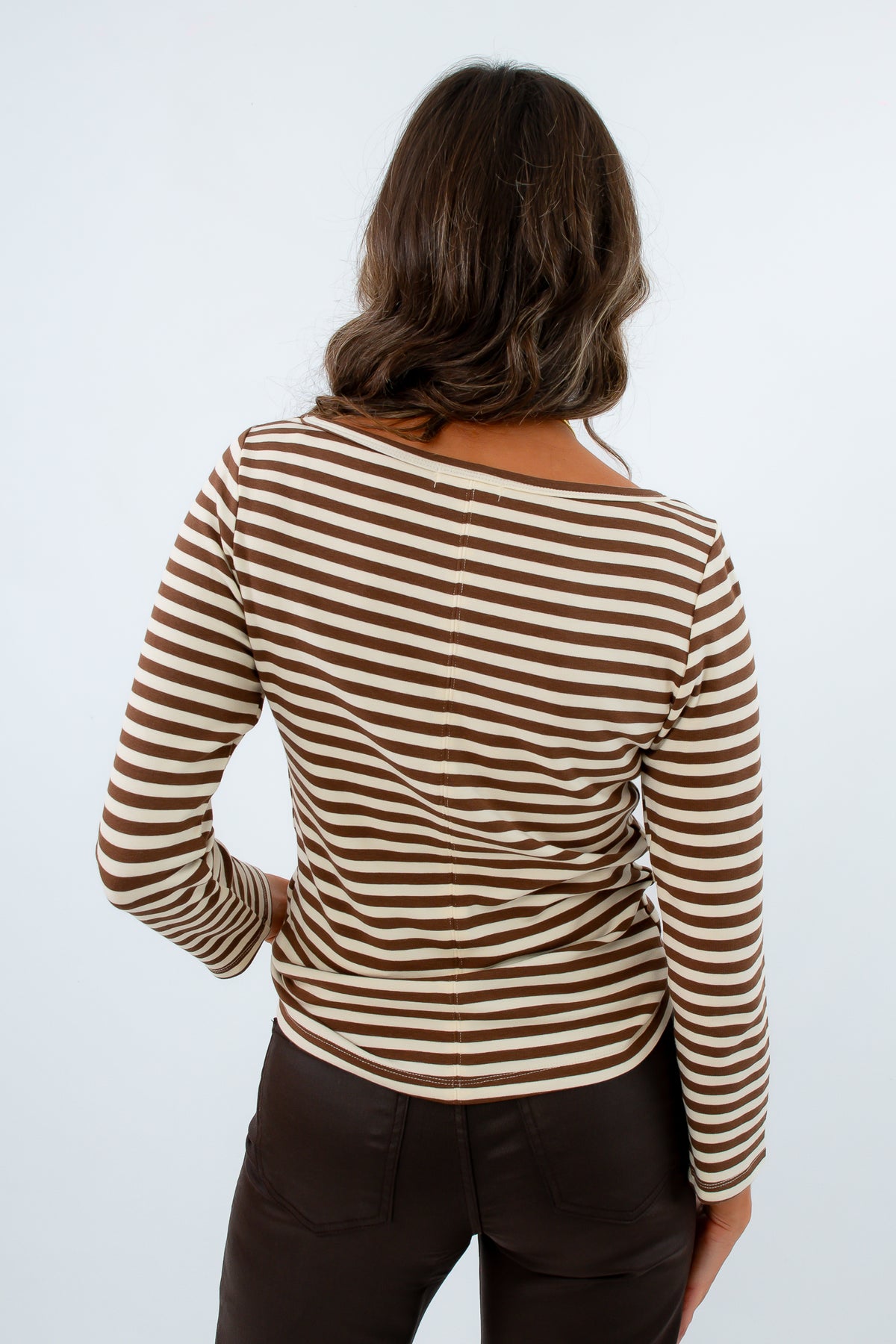 Fall workwear tops, Fall long sleeve tops, Elevated basic top, Casual fall tops, Brown striped long sleeve top