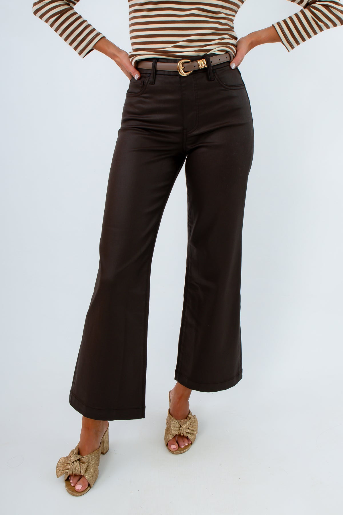Kut from the Kloth Chocolate Coated Meg Wide Leg Jean with ankle-grazing hems, chocolate brown coated pants, brown jeans, chocolate brown jeans