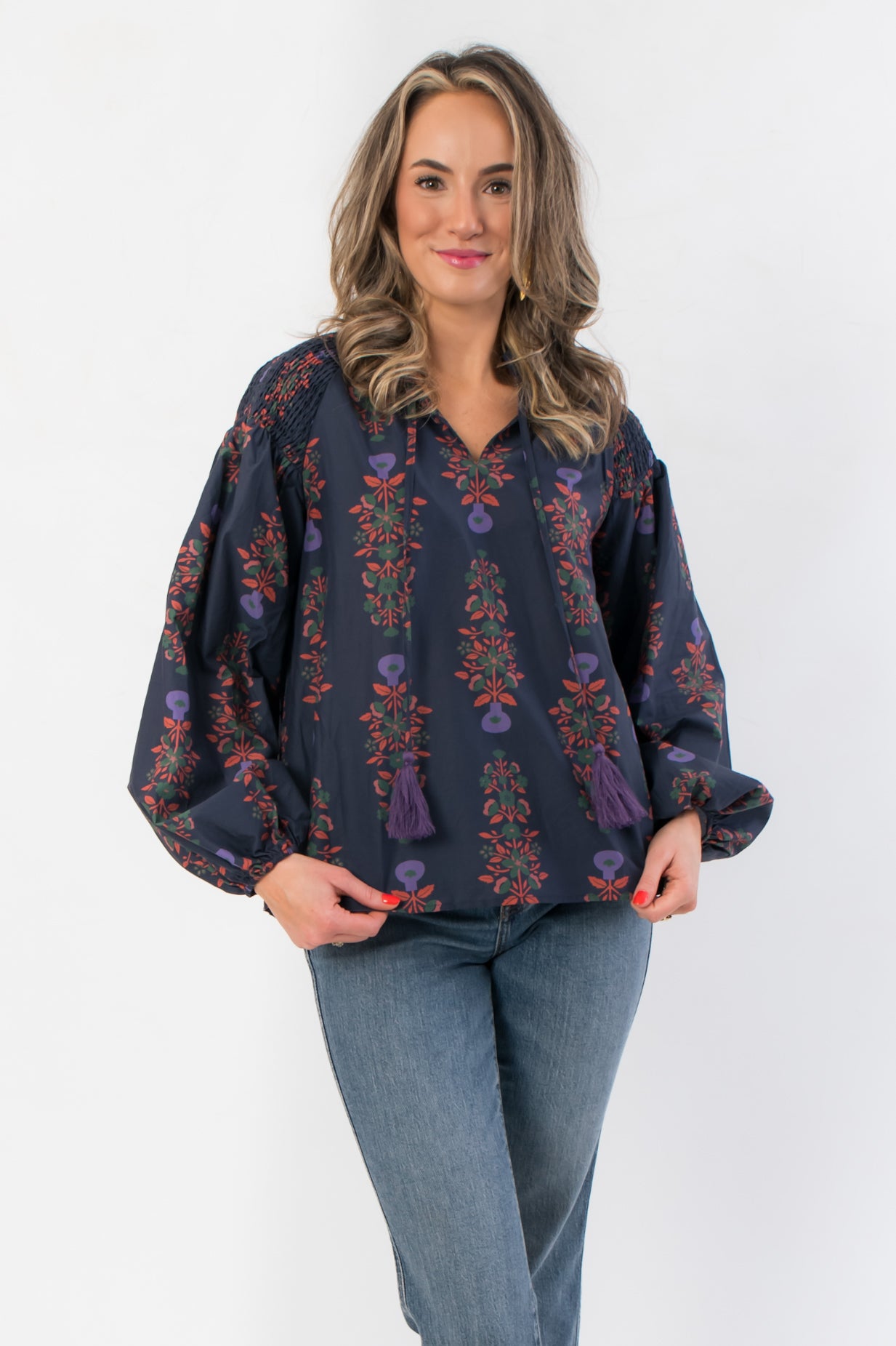 At Long Last Navy Long Sleeve Blouse with vintage floral balloon sleeves and smocked shoulders, styled for fall in a casual front pose.