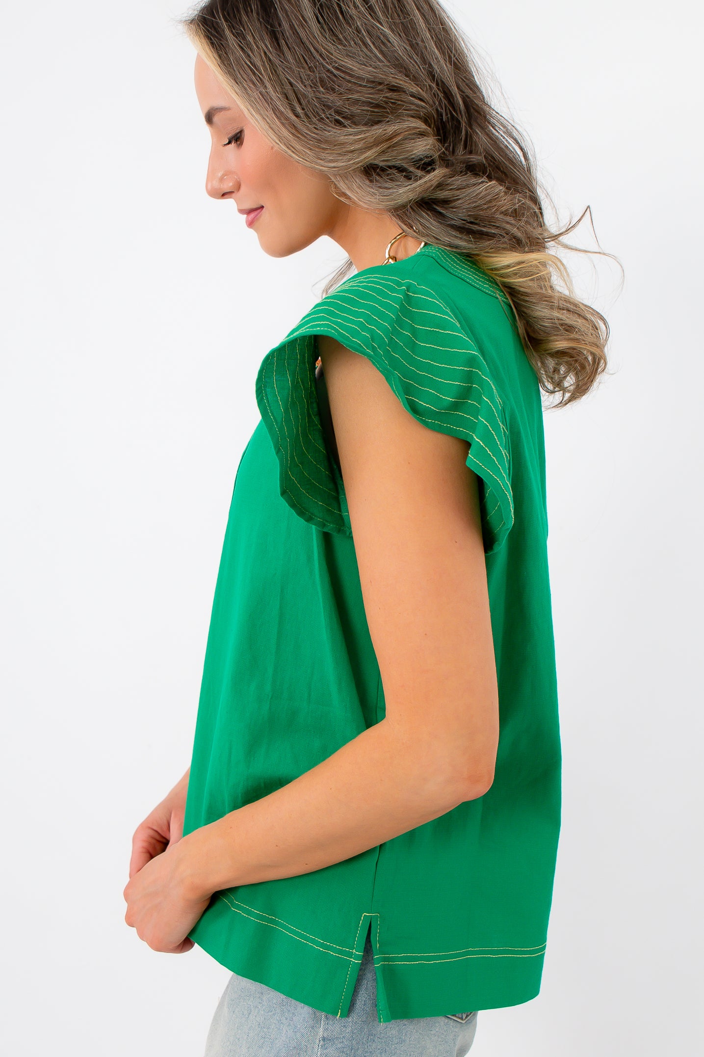 THML emerald green linen stitch short sleeve top side view