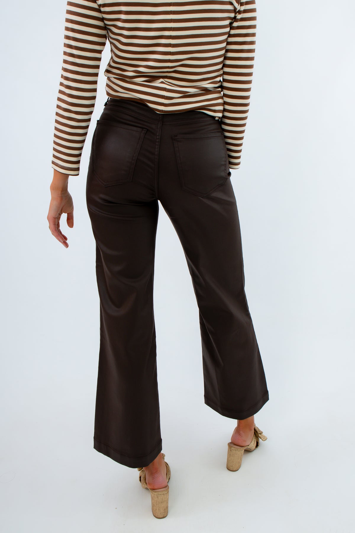 Stylish brown pants for fall with wide leg and coated finish, Kut from the Kloth Meg Wide Leg Jean, Kut brown pants, Kut coated pants
