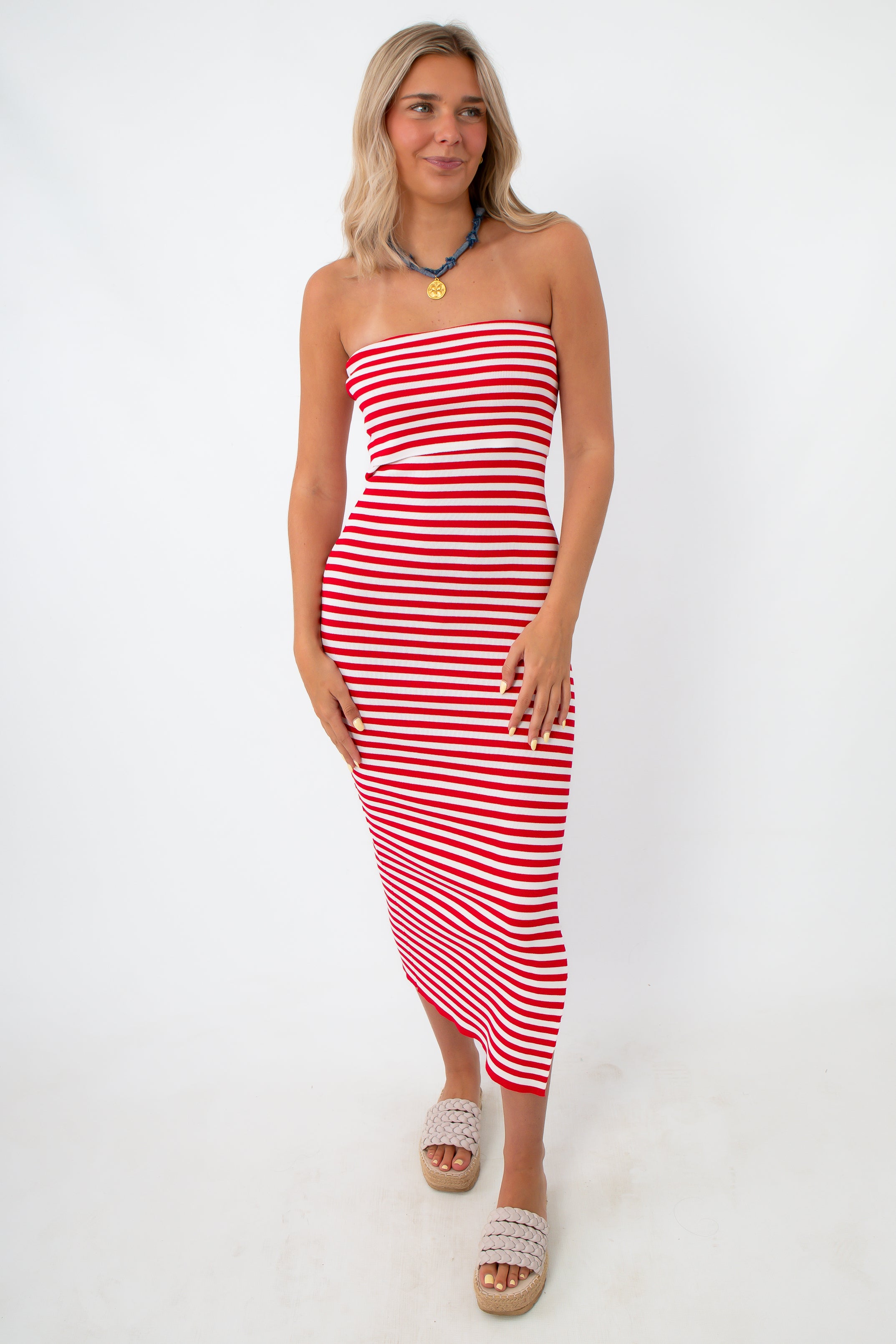 Showstopper Stripe Red Strapless Knit Midi Dress | 4th of July Outfit  L.  Mae Boutique