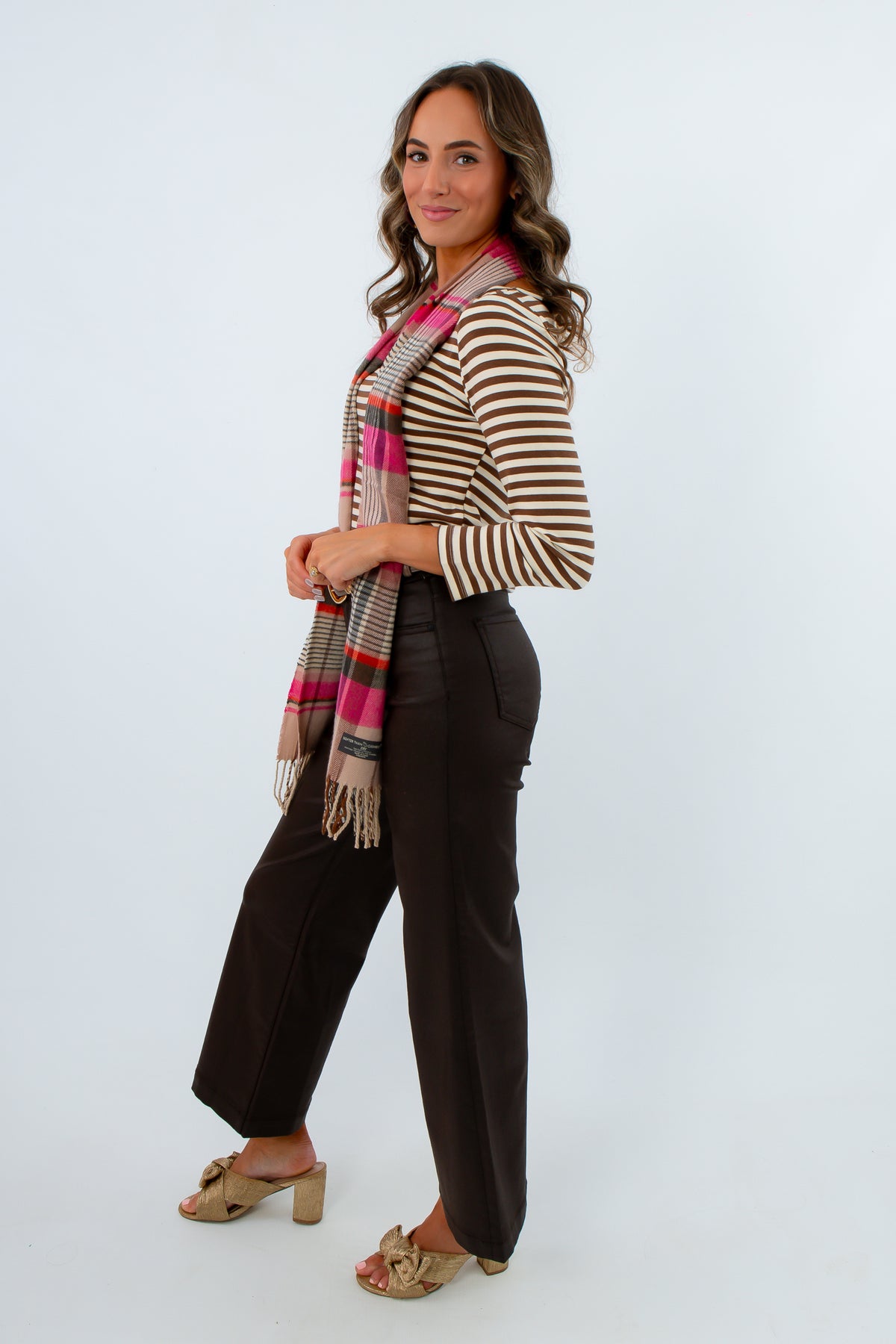 Medium stretch chocolate brown wide-leg fall jeans, coated brown pants for fall, brown jeans with coated texture